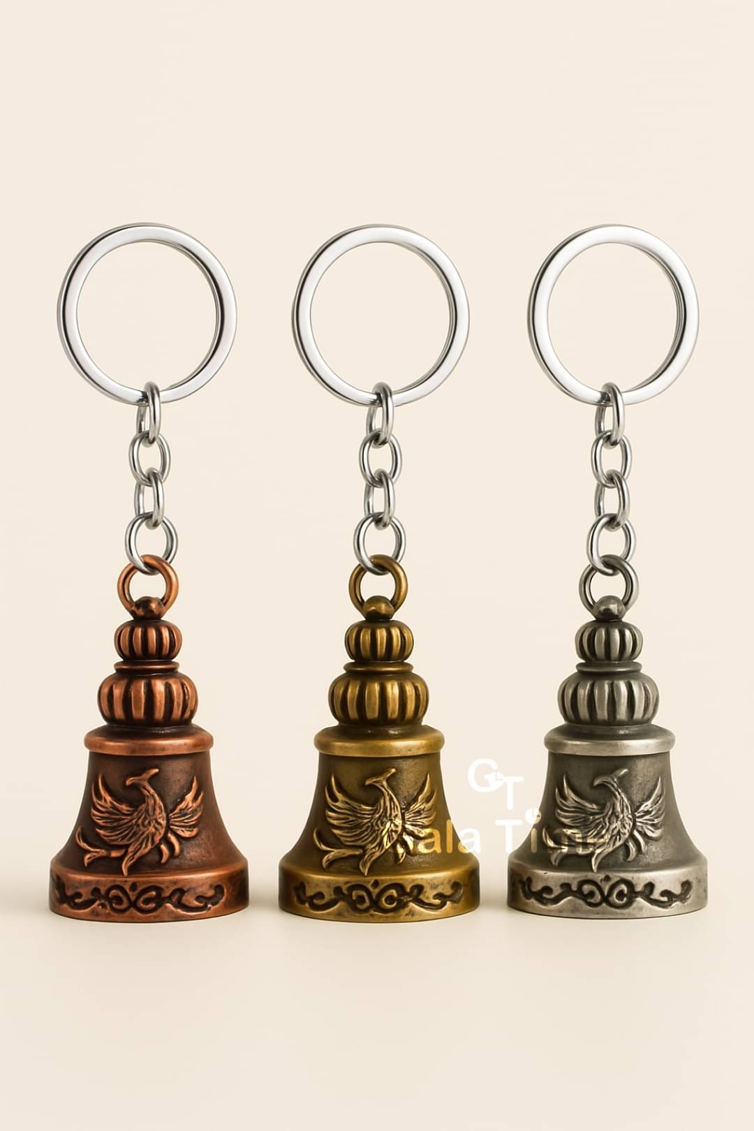     			Set of 3 Guardian Bell Metal Keychains - Antique Copper, Brass & Silver Finish | Lucky Charm Gift for Bike, Bag, and Home