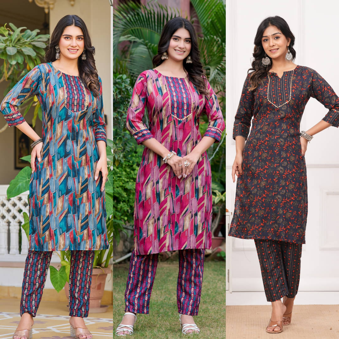 Jinal Creation Women Cotton Blend Self Design Straight Kurti With Pants ( Multicoloured )     			Jinal Creation Women Cotton Blend Self Design Straight Kurti With Pants ( Multicoloured )