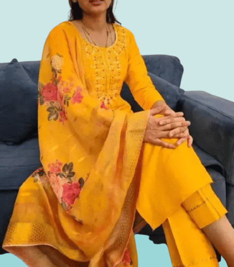 KRISHNA ENTERPRISE Women Cotton Blend Embroidered A-line Kurti With Salwar ( Yellow )     			KRISHNA ENTERPRISE Women Cotton Blend Embroidered A-line Kurti With Salwar ( Yellow )