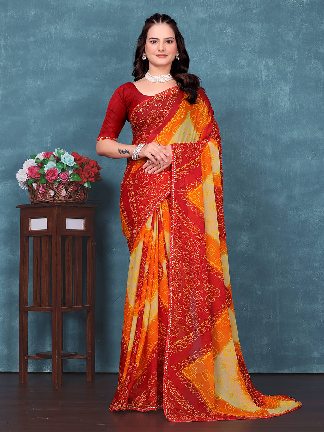 Kanooda Prints Georgette Printed Regular Saree With Unstitched Blouse Piece ( Red ) Kanooda Prints Georgette Printed Regular Saree With Unstitched Blouse Piece ( Red )