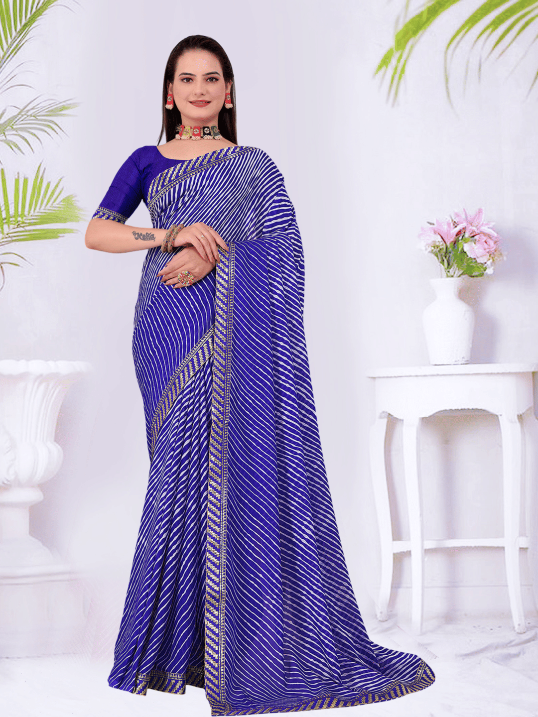 Kanooda Prints Georgette Striped Regular Saree With Unstitched Blouse Piece ( Blue ) Kanooda Prints Georgette Striped Regular Saree With Unstitched Blouse Piece ( Blue )