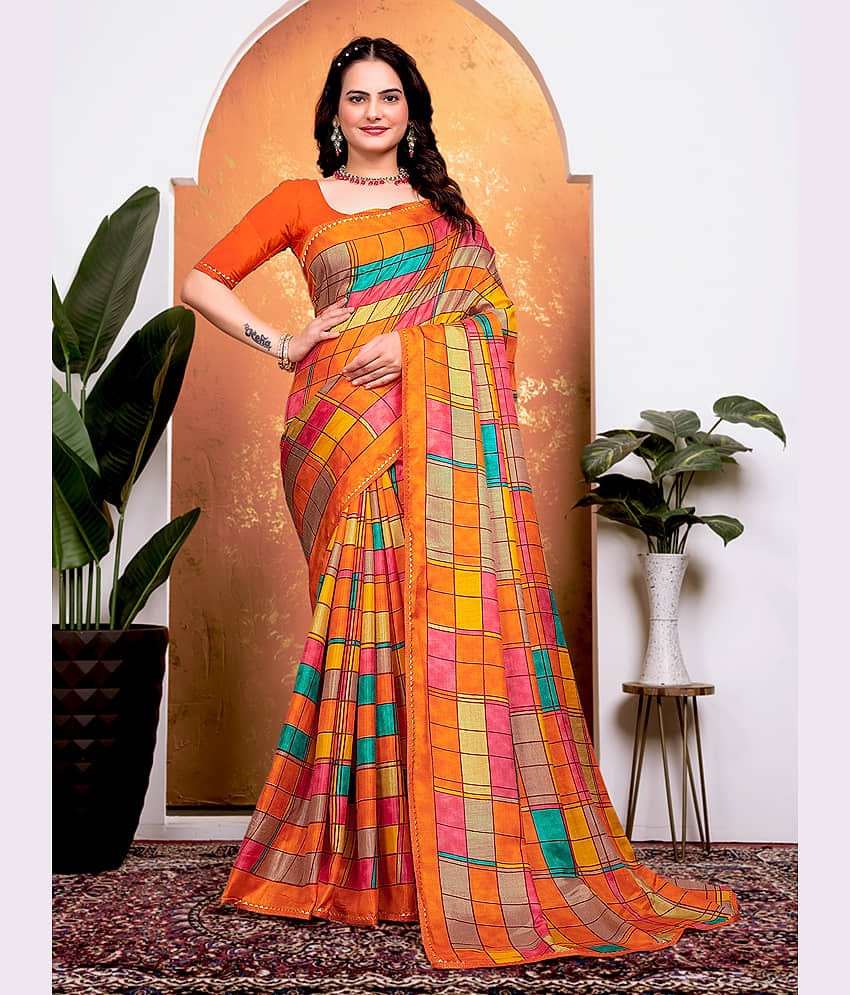 Kanooda Prints Georgette Printed Regular Saree With Unstitched Blouse Piece ( Orange ) - Sarees | Buy online on ZillyBuy