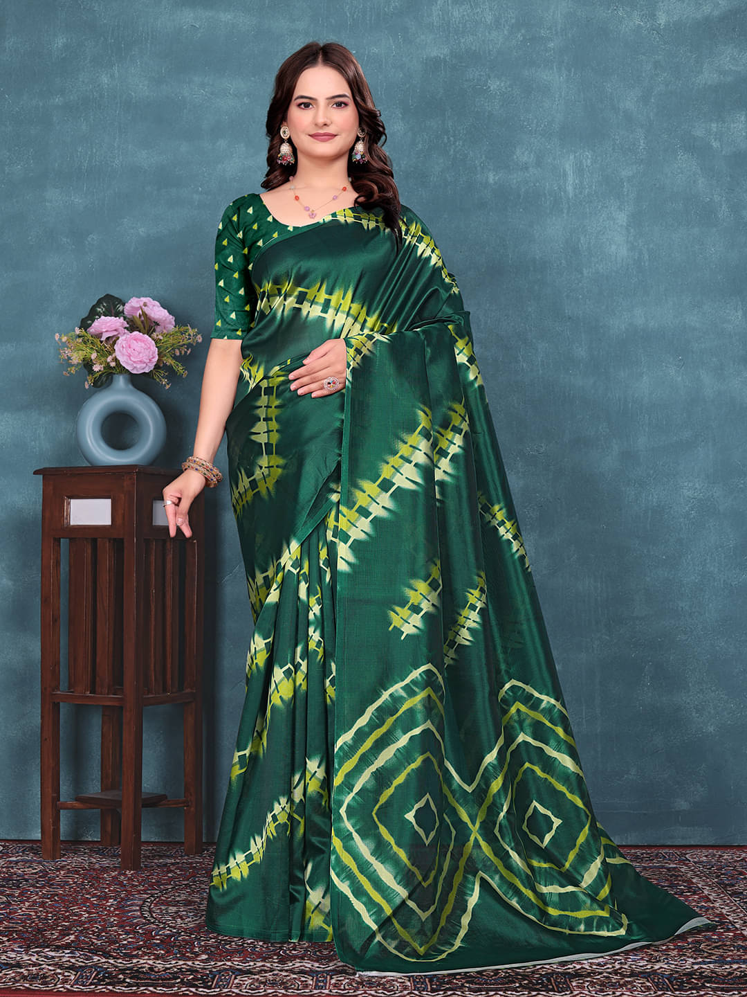 Kanooda Prints Silk Blend Dyed Mysore Silk Sarees With Unstitched Blouse Piece ( Green ) Kanooda Prints Silk Blend Dyed Mysore Silk Sarees With Unstitched Blouse Piece ( Green )
