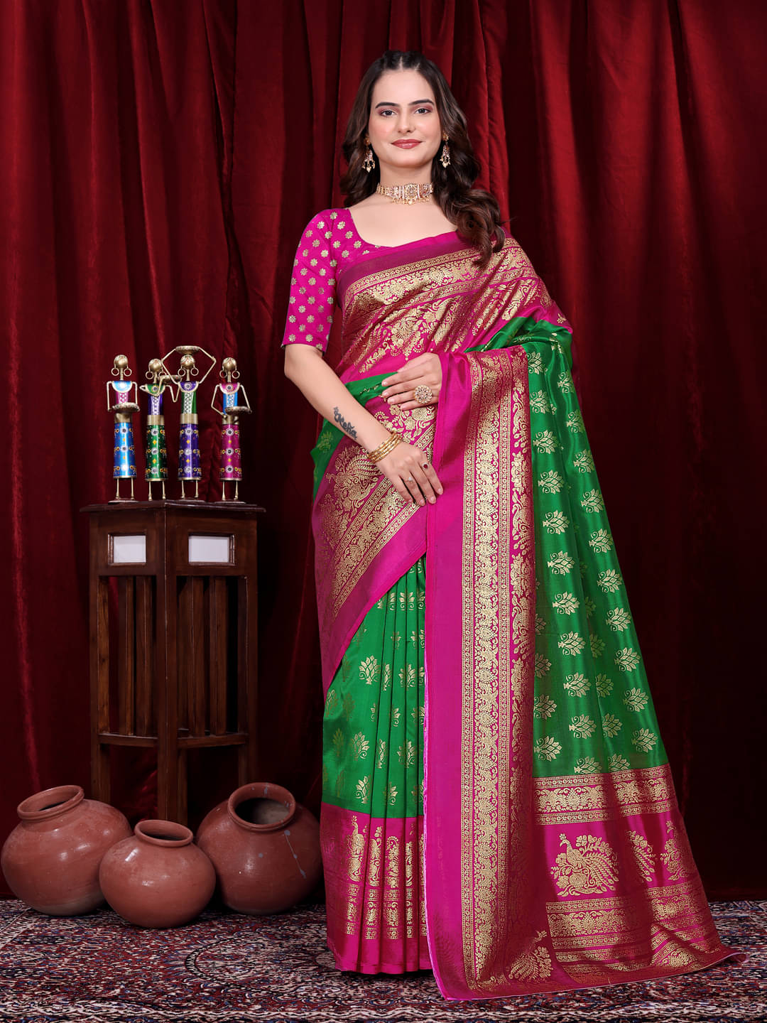     			Kanooda Prints Silk Blend Woven Mysore Silk Sarees With Unstitched Blouse Piece ( Green )