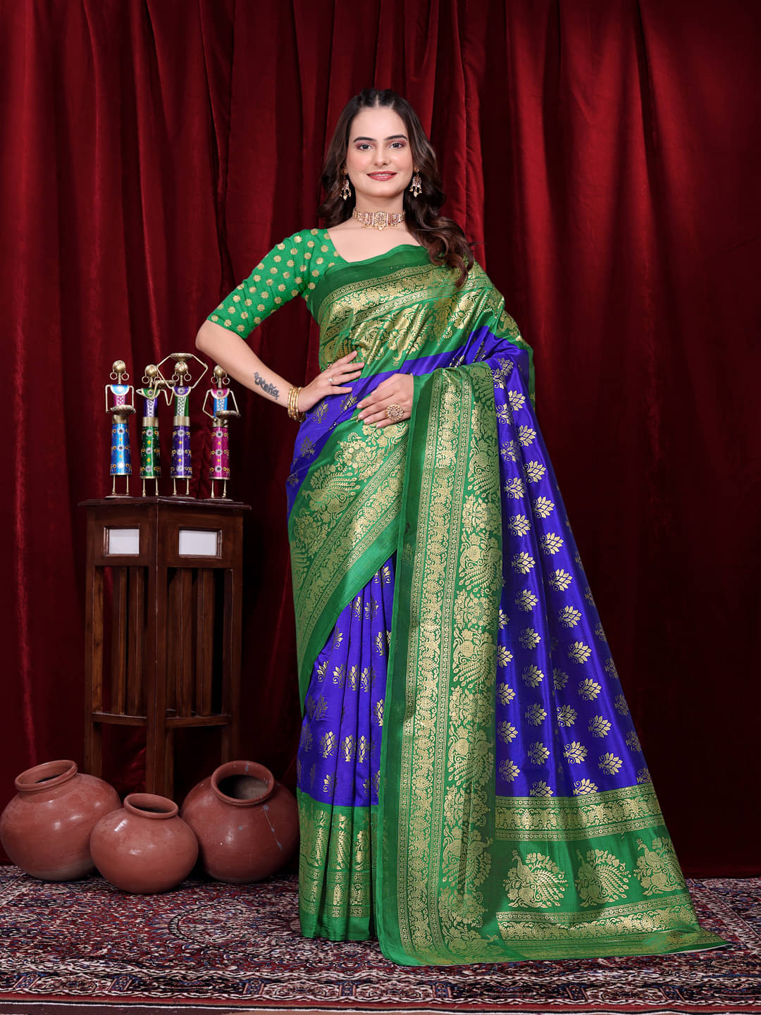     			Kanooda Prints Silk Blend Woven Mysore Silk Sarees With Unstitched Blouse Piece ( Blue )