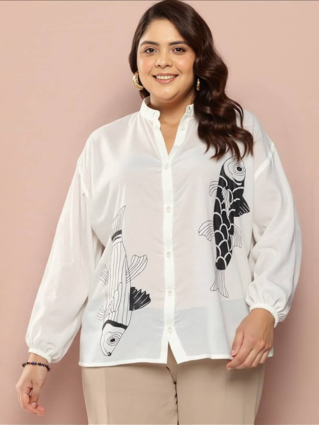 MAYKR Women Printed Cotton Blend Shirt ( White ) MAYKR Women Printed Cotton Blend Shirt ( White )
