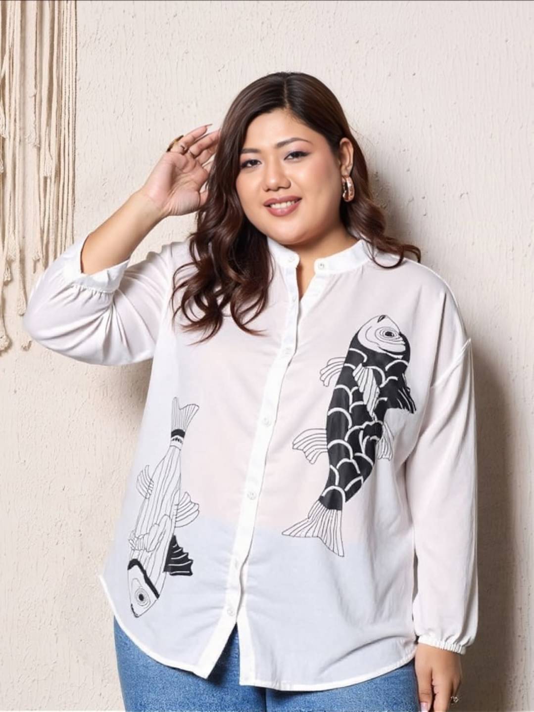     			MAYKR Women Printed Cotton Blend Shirt ( White )