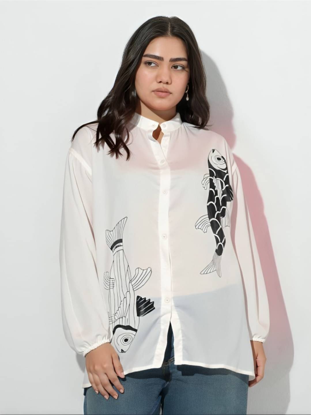     			MAYKR Women Printed Cotton Blend Shirt ( White )