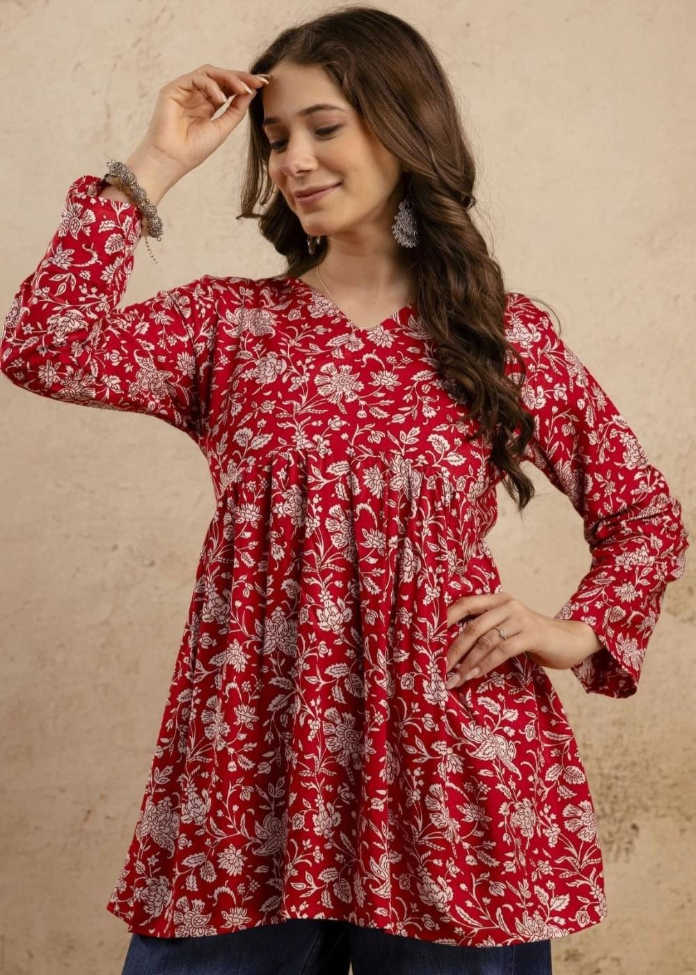 MIALO FASHION Women Viscose Printed Flared Kurti ( Red )     			MIALO FASHION Women Viscose Printed Flared Kurti ( Red )
