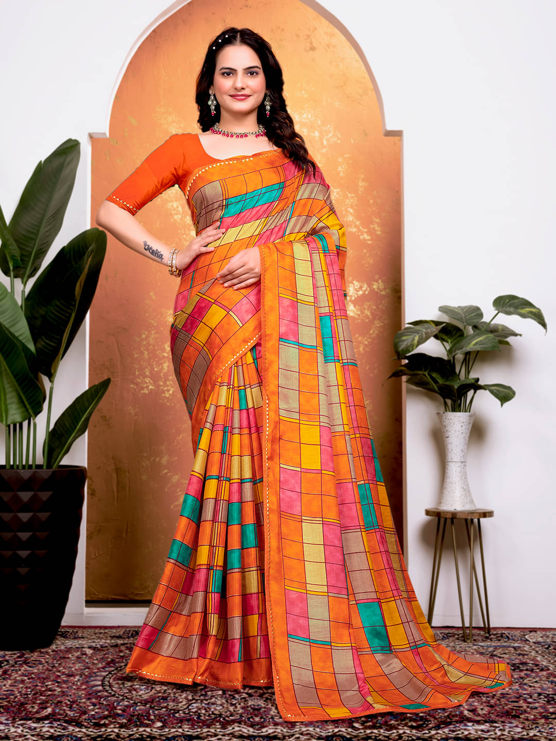 Maayro Georgette Printed Regular Saree With Unstitched Blouse Piece ( Orange ) Maayro Georgette Printed Regular Saree With Unstitched Blouse Piece ( Orange )