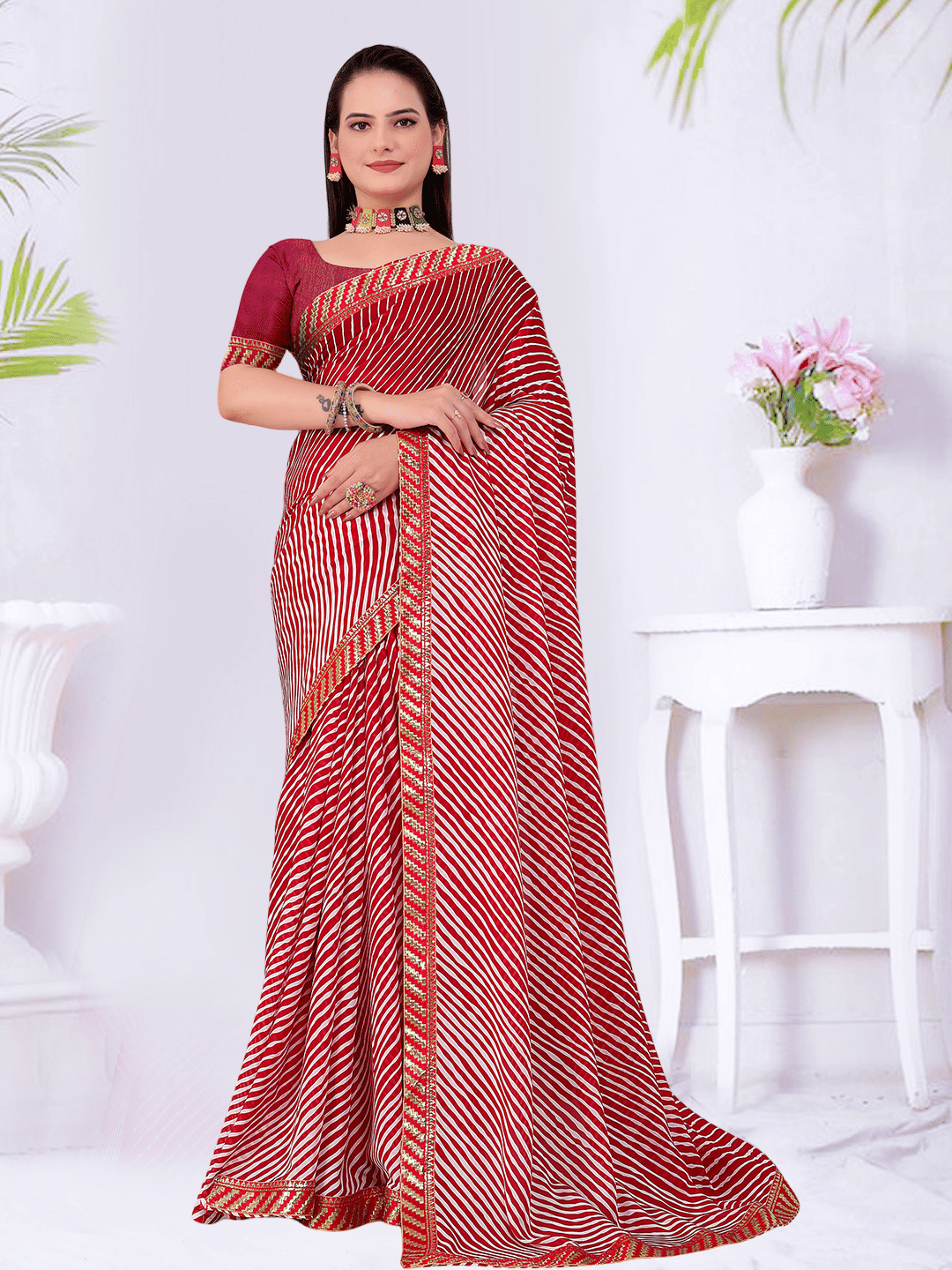     			Maayro Georgette Printed Regular Saree With Unstitched Blouse Piece ( Red )