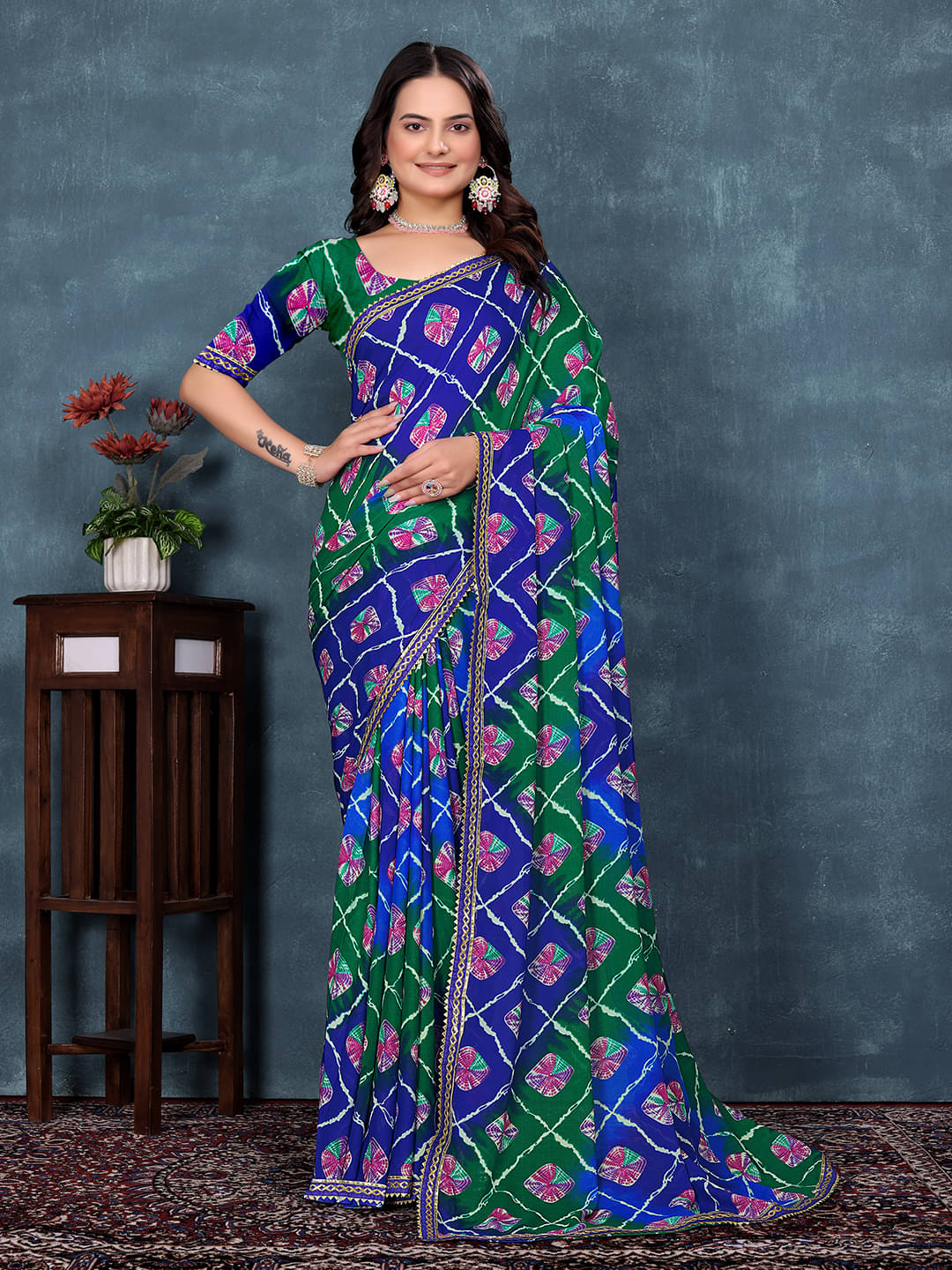    			Maayro Georgette Printed Regular Saree With Unstitched Blouse Piece ( Blue )