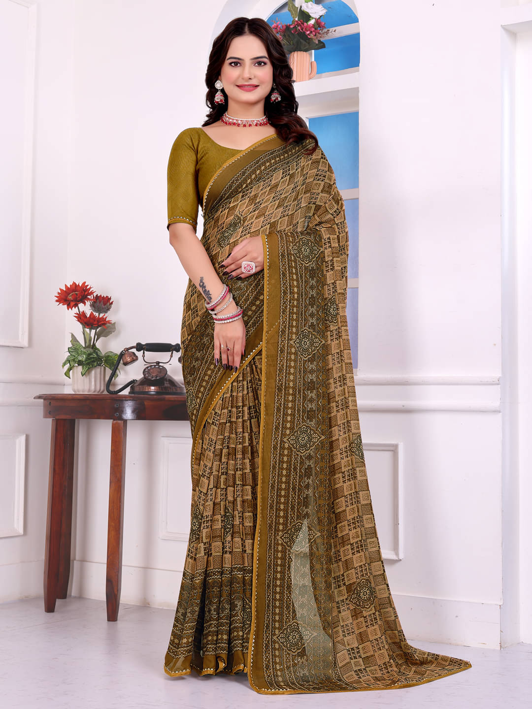     			Maayro Georgette Printed Regular Saree With Unstitched Blouse Piece ( Mustard )