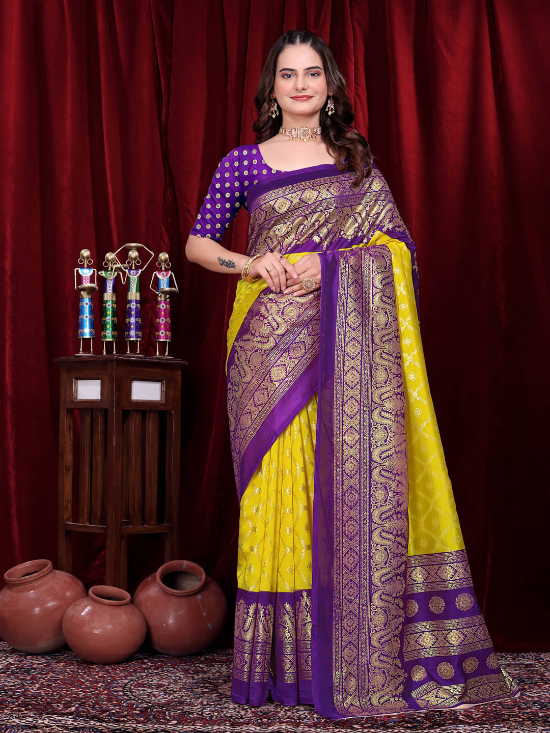     			Maayro Silk Blend Embellished Mysore Silk Sarees With Unstitched Blouse Piece ( Yellow )