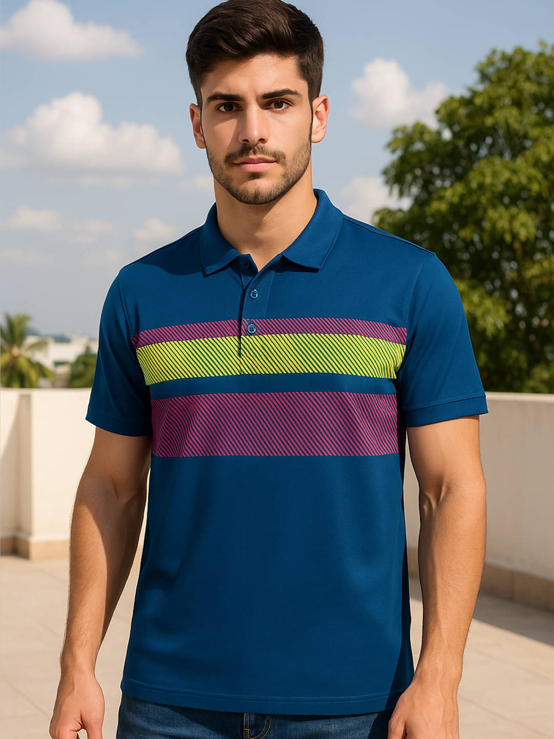 Merriment Men Polyester Regular Fit Printed Polo T Shirt ( Indigo ) Merriment Men Polyester Regular Fit Printed Polo T Shirt ( Indigo )