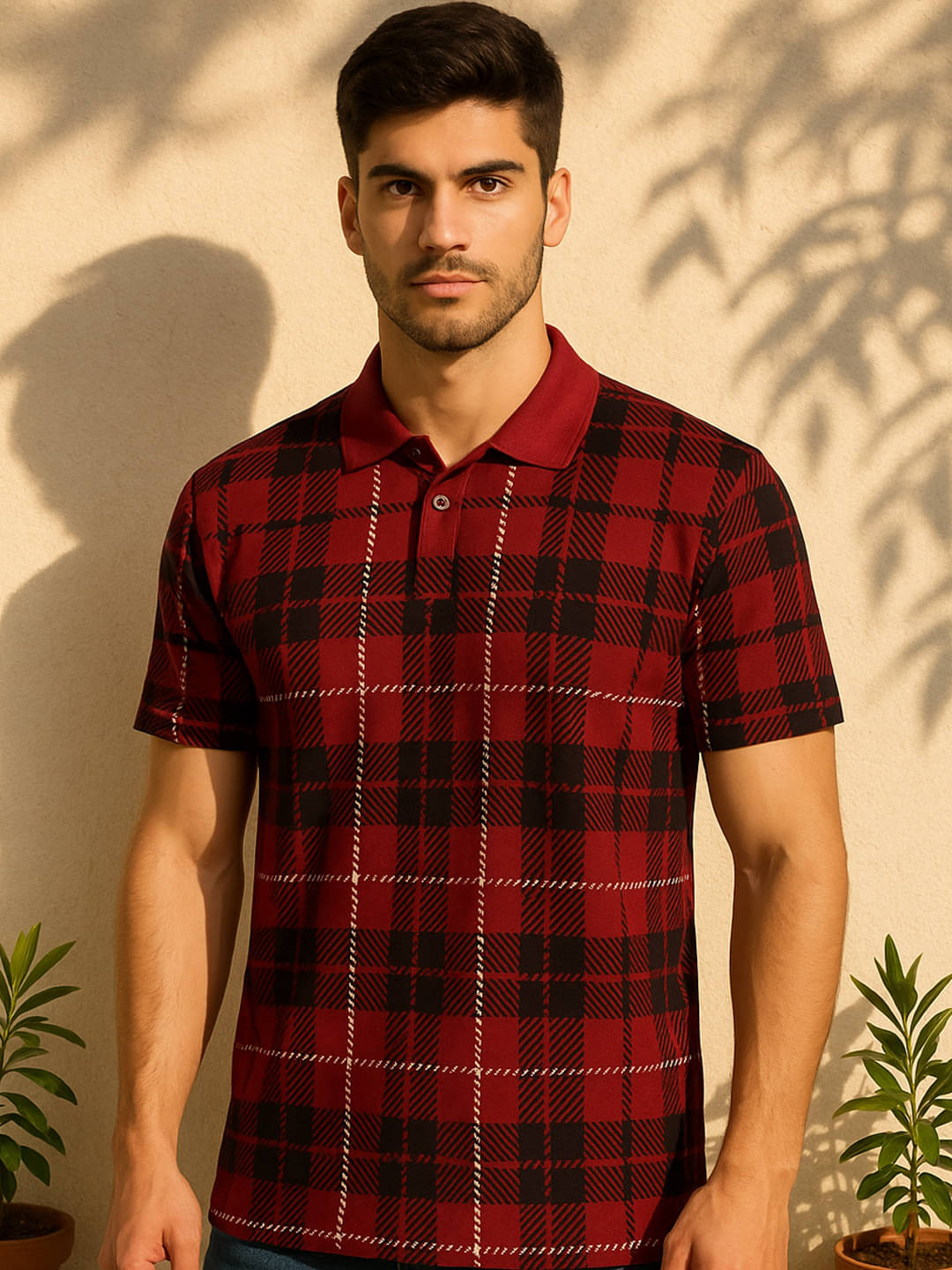 Merriment Men Polyester Regular Fit Checks Polo T Shirt ( Maroon )     			Merriment Men Polyester Regular Fit Checks Polo T Shirt ( Maroon )