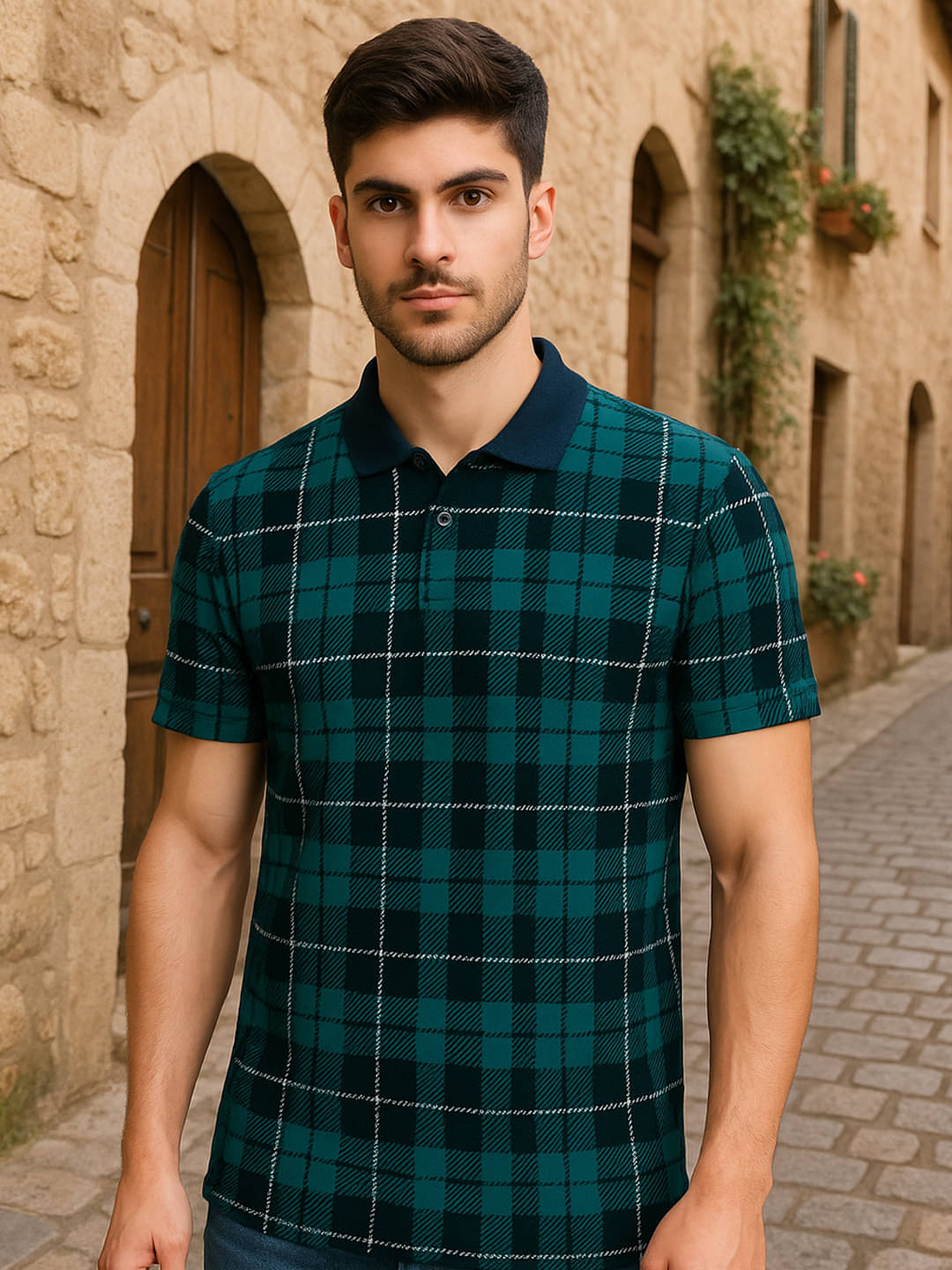     			Merriment Men Polyester Regular Fit Checks Polo T Shirt ( Dark Green )