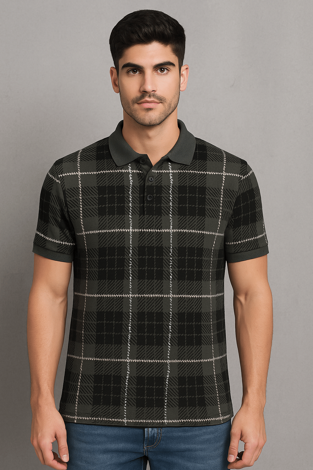    			Merriment Men Polyester Regular Fit Checks Polo T Shirt ( Olive )
