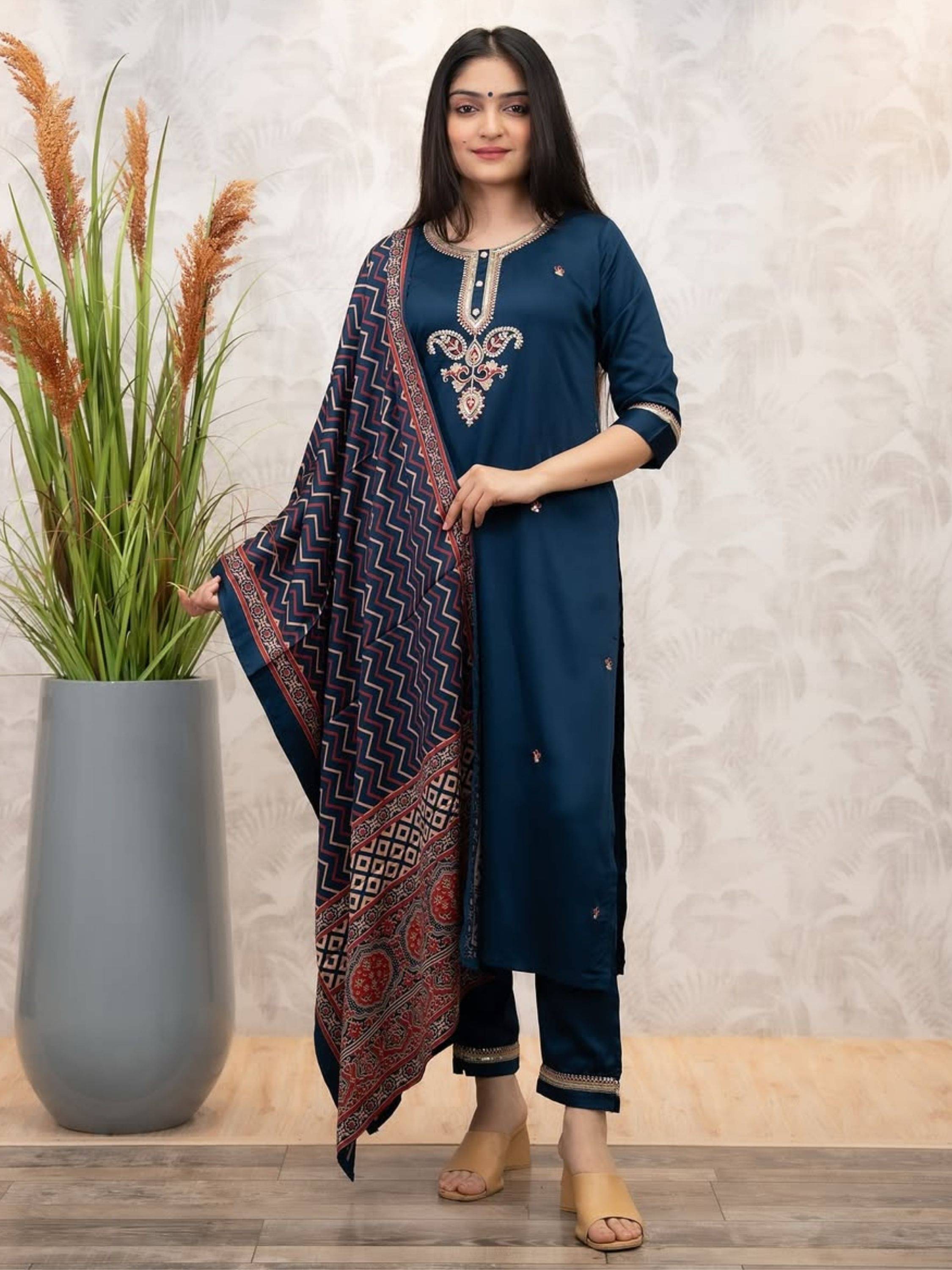 Niza Fashion Women Chanderi Embroidered Straight Kurti With Pants ( Blue ) Niza Fashion Women Chanderi Embroidered Straight Kurti With Pants ( Blue )
