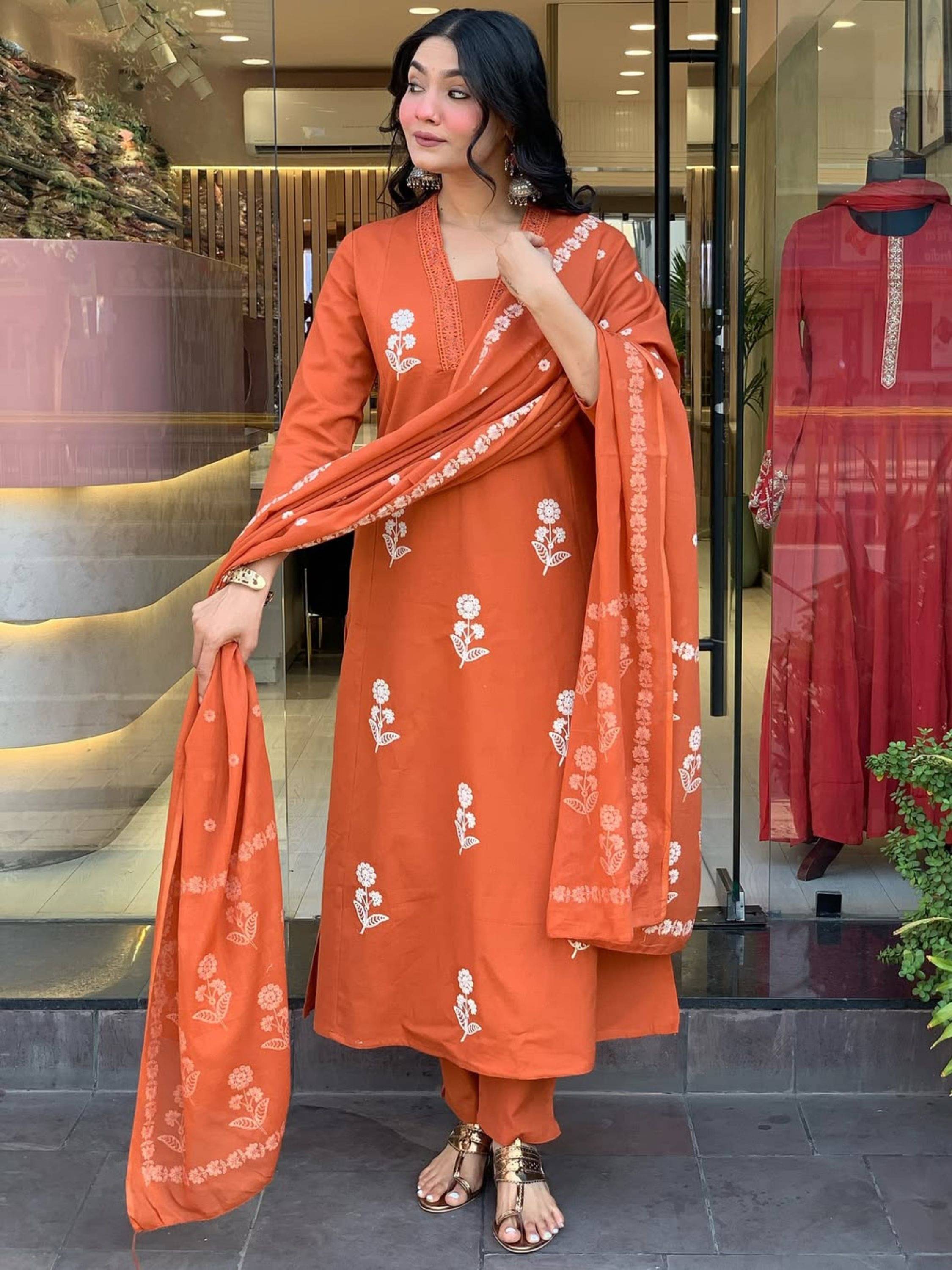     			Niza Fashion Women Cotton Embroidered Straight Kurti With Pants ( Orange )