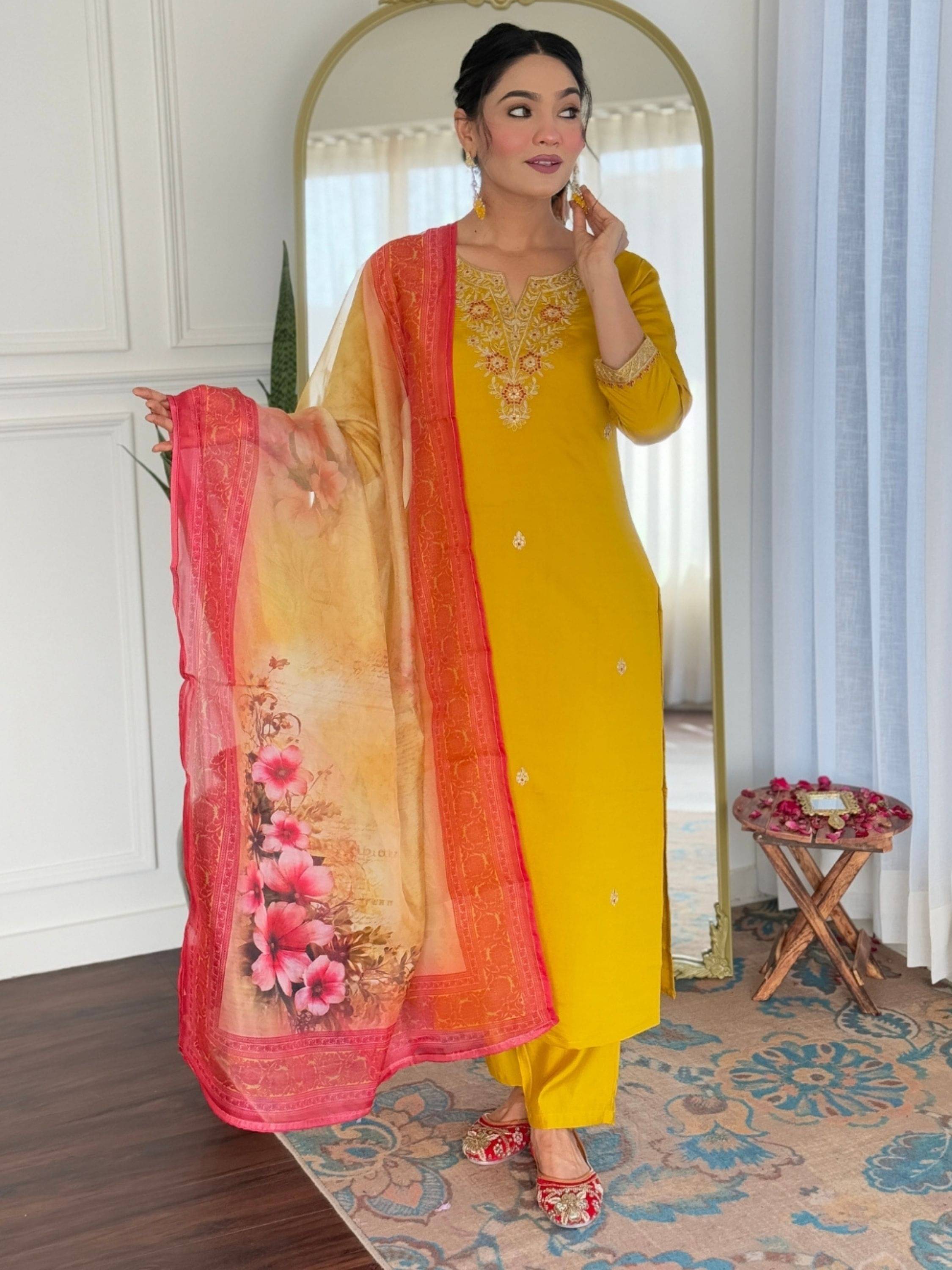 Niza Fashion Women Rayon Embroidered Straight Kurti With Pants ( Mustard ) Niza Fashion Women Rayon Embroidered Straight Kurti With Pants ( Mustard )