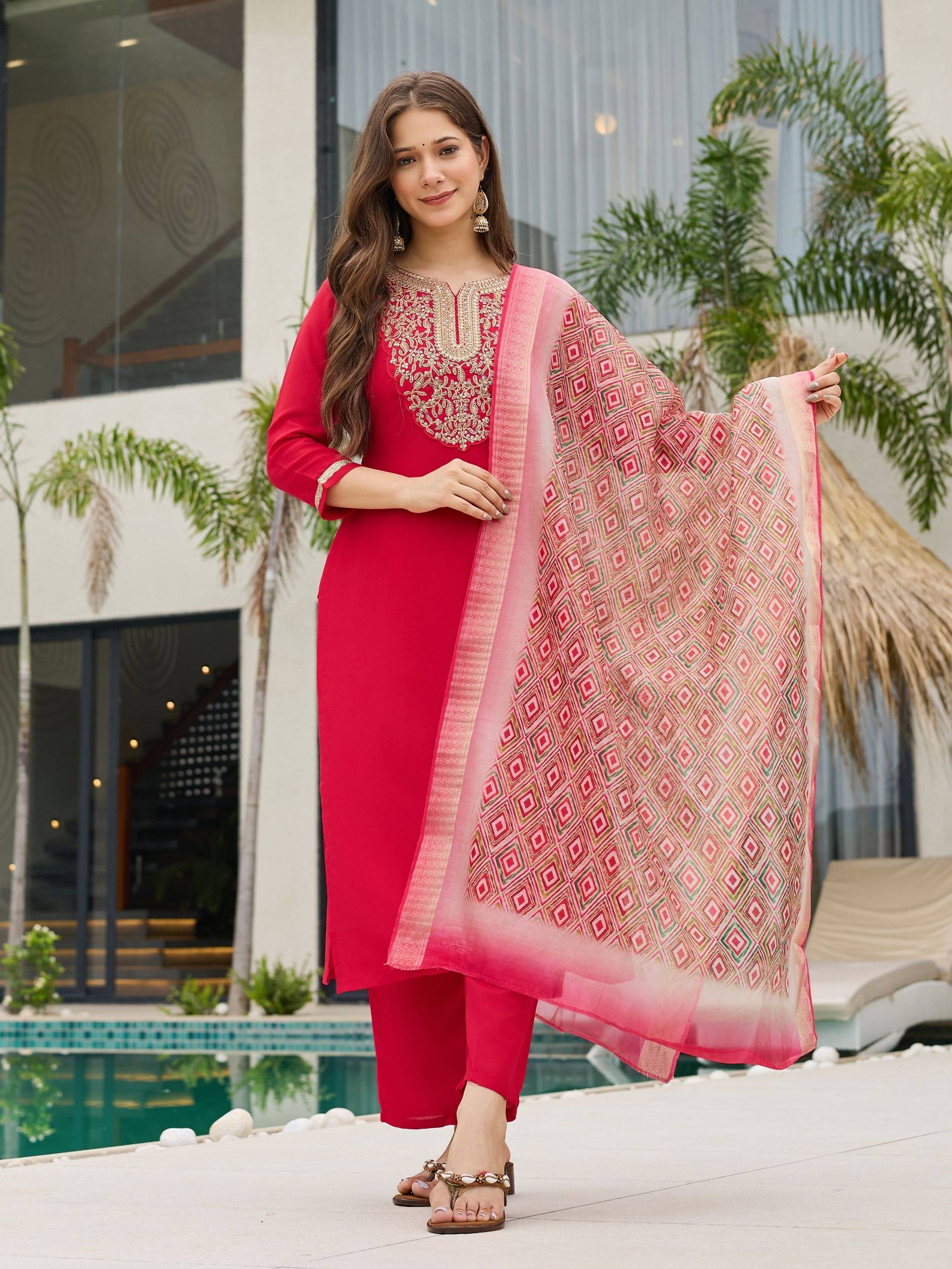     			Niza Fashion Women Rayon Embroidered Straight Kurti With Pants ( Red )