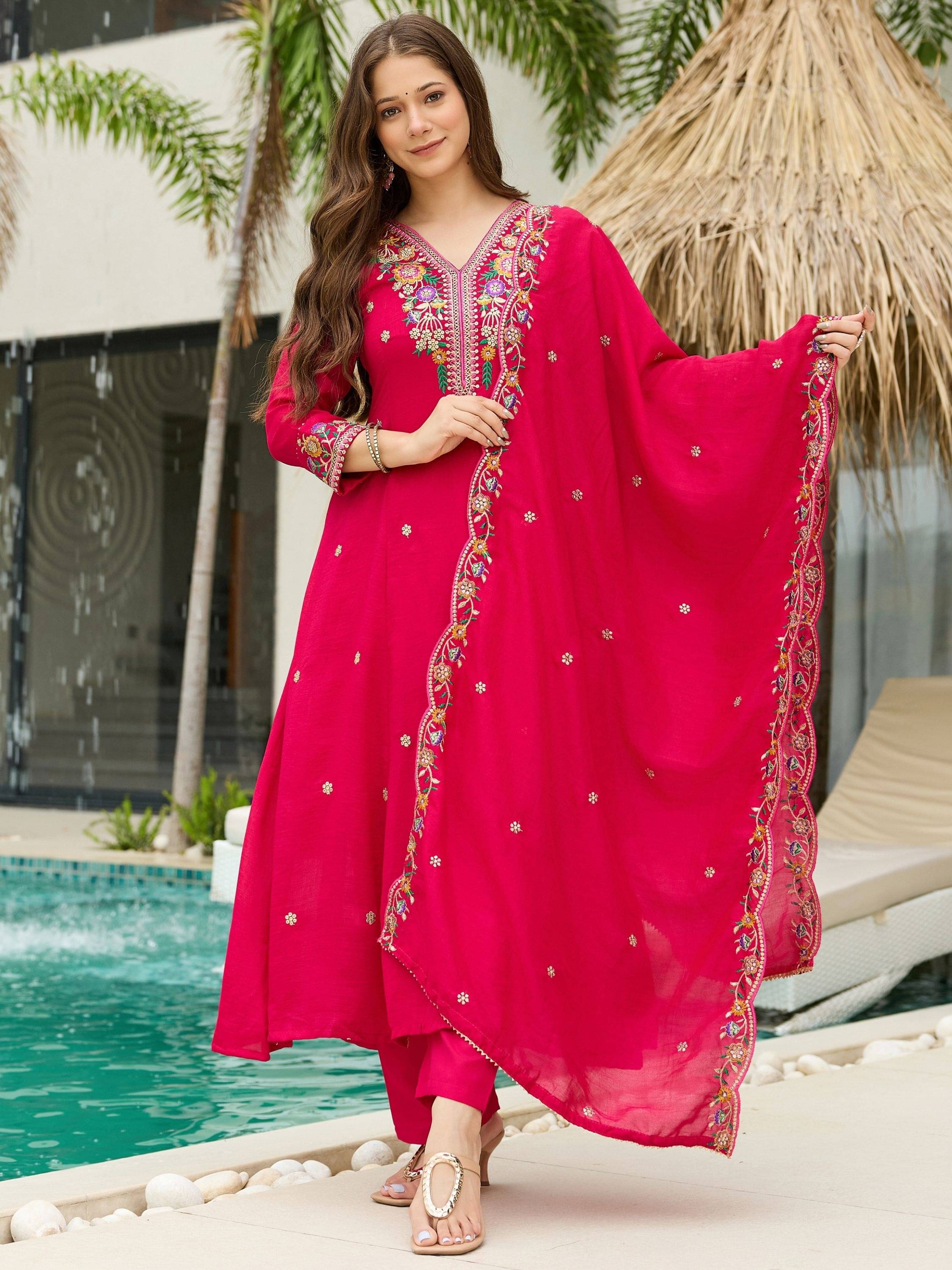     			Niza Fashion Women Silk Embroidered Straight Kurti With Pants ( Pink )