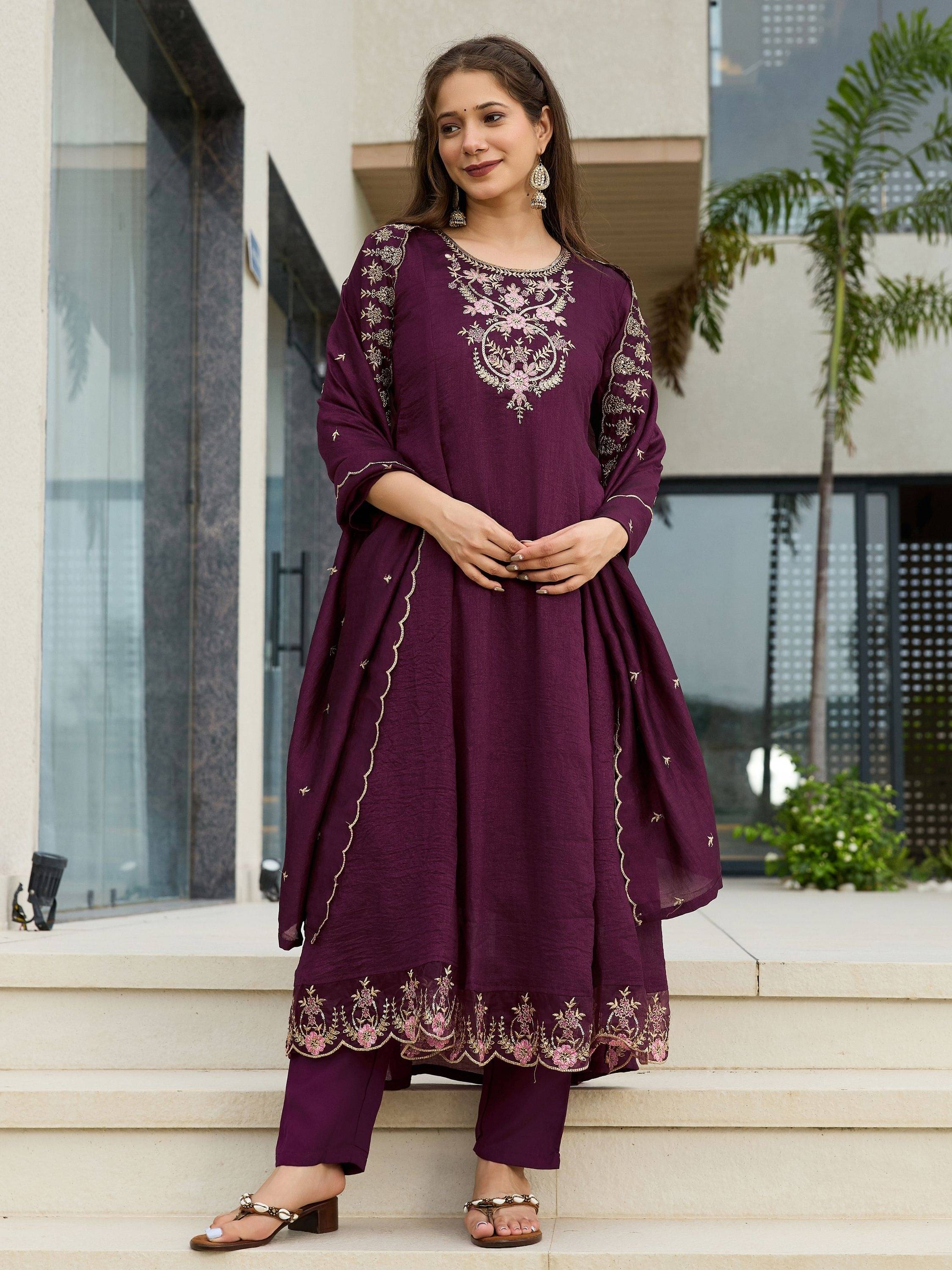 Niza Fashion Women Silk Embroidered Straight Kurti With Pants ( Wine ) Niza Fashion Women Silk Embroidered Straight Kurti With Pants ( Wine )
