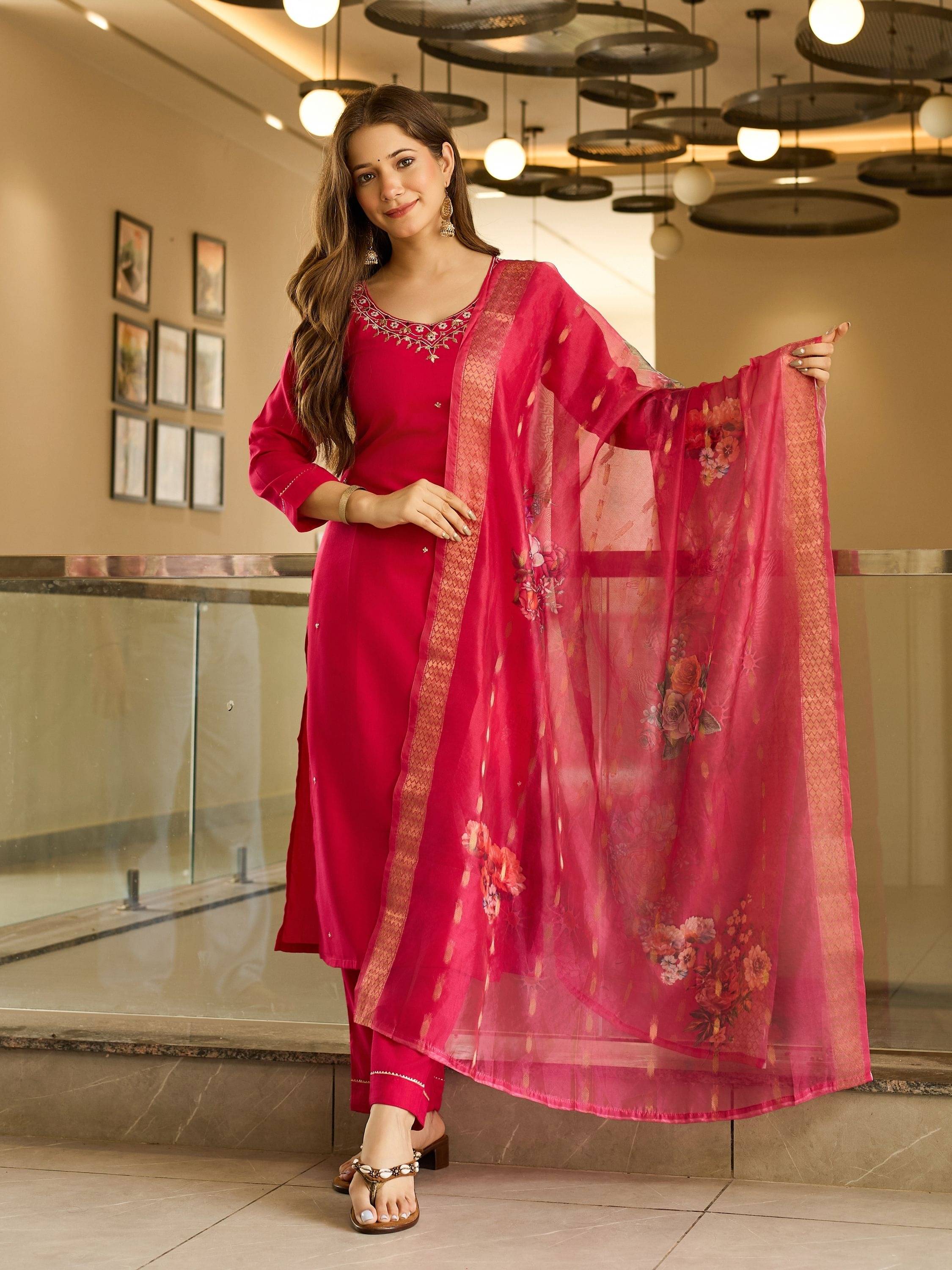 Niza Fashion Women Viscose Embroidered Straight Kurti With Pants ( Red ) Niza Fashion Women Viscose Embroidered Straight Kurti With Pants ( Red )