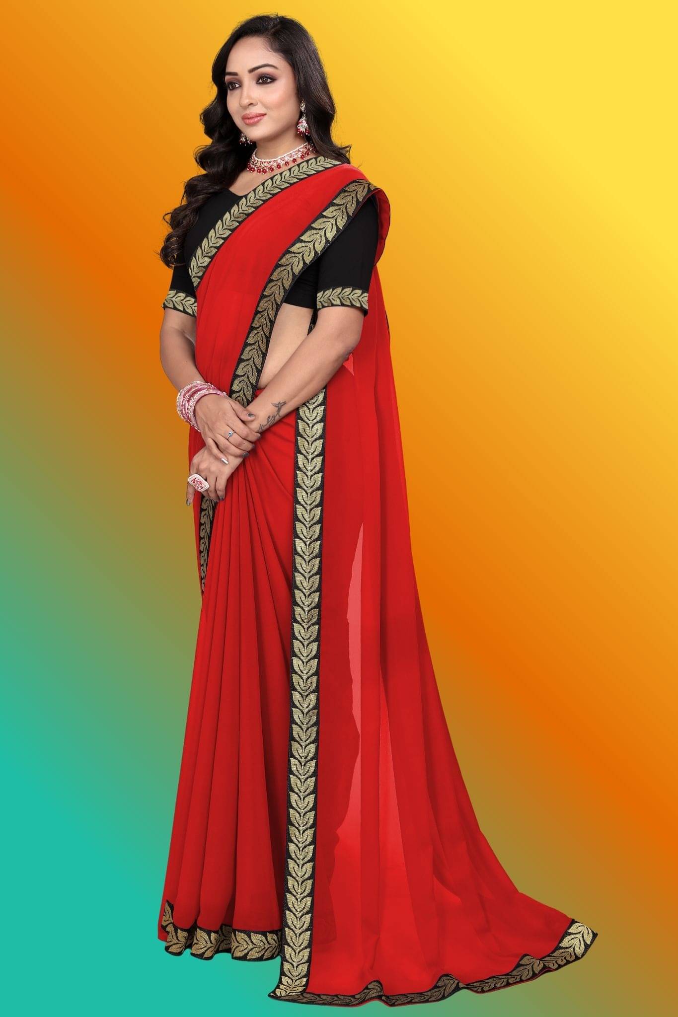     			OM SAI CREATION Georgette Embellished Kanjeevaram Sarees With Unstitched Blouse Piece ( Red )