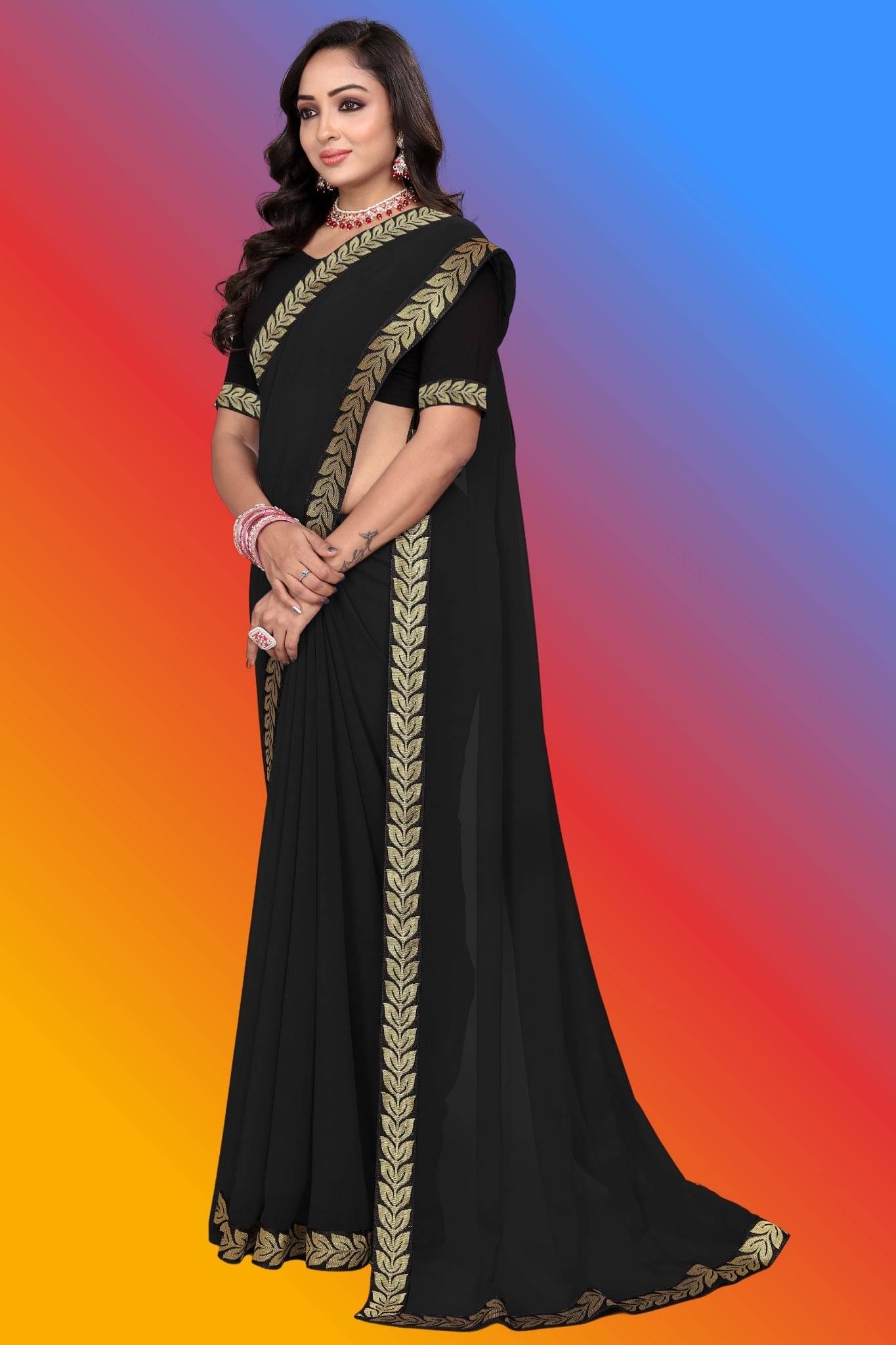 OM SAI CREATION Georgette Embellished Kanjeevaram Sarees With Unstitched Blouse Piece ( Black ) OM SAI CREATION Georgette Embellished Kanjeevaram Sarees With Unstitched Blouse Piece ( Black )