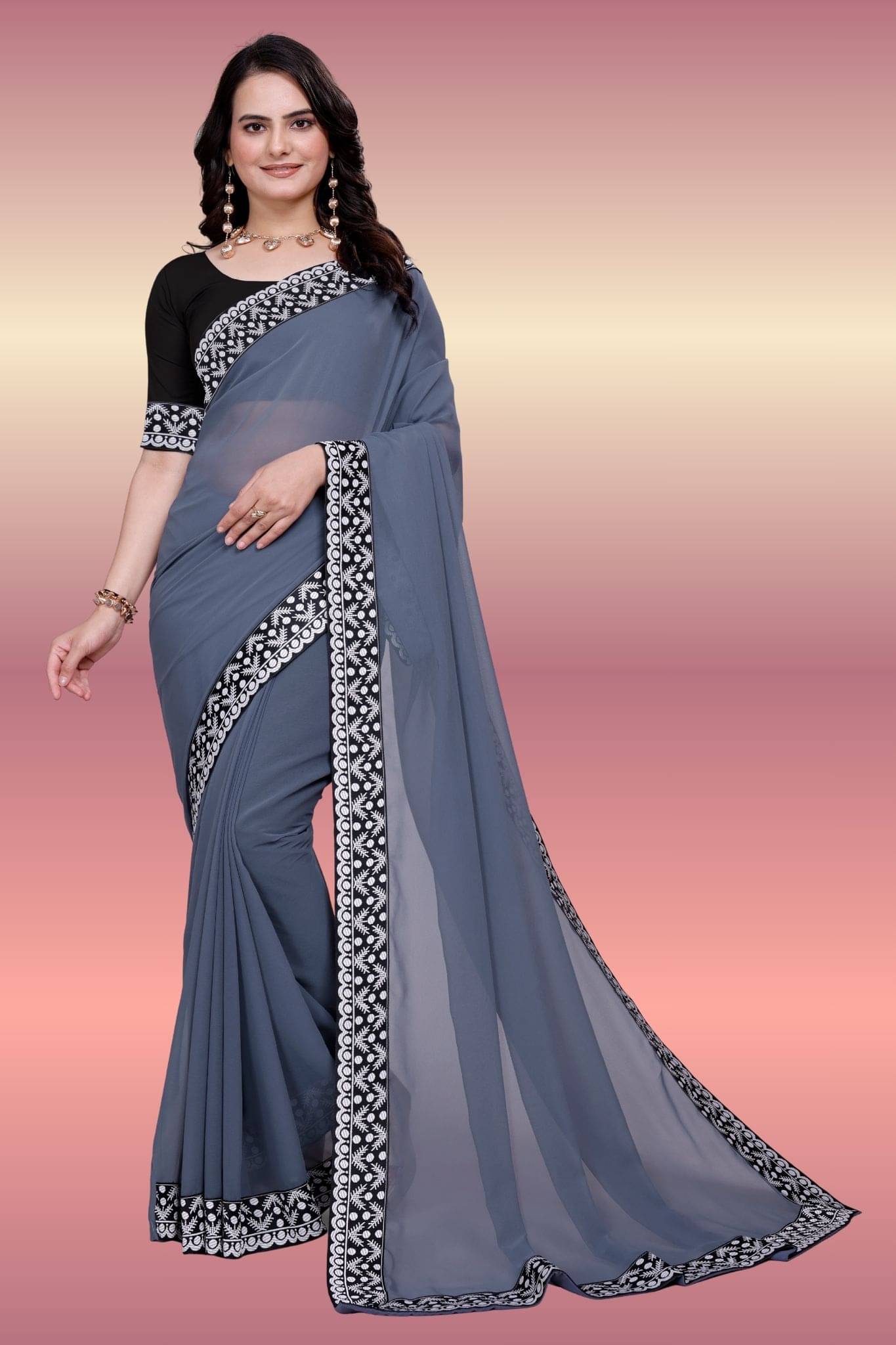     			OM SAI CREATION Georgette Woven Tant Saree With Unstitched Blouse Piece ( Grey )