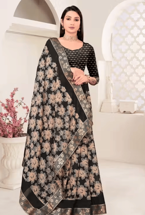 R K S M Georgette Printed Banarasi saree With Unstitched Blouse Piece ( Black )     			R K S M Georgette Printed Banarasi saree With Unstitched Blouse Piece ( Black )