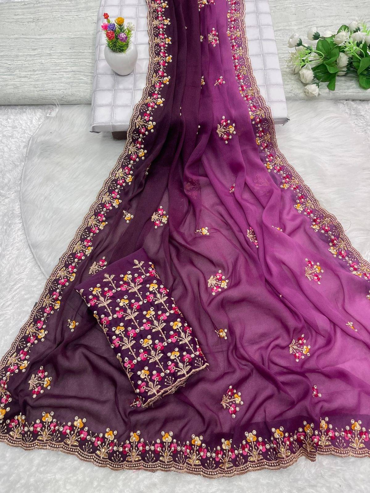 Rangtulika Ethnics Georgette Embroidered Banarasi saree With Unstitched Blouse Piece ( Purple )     			Rangtulika Ethnics Georgette Embroidered Banarasi saree With Unstitched Blouse Piece ( Purple )