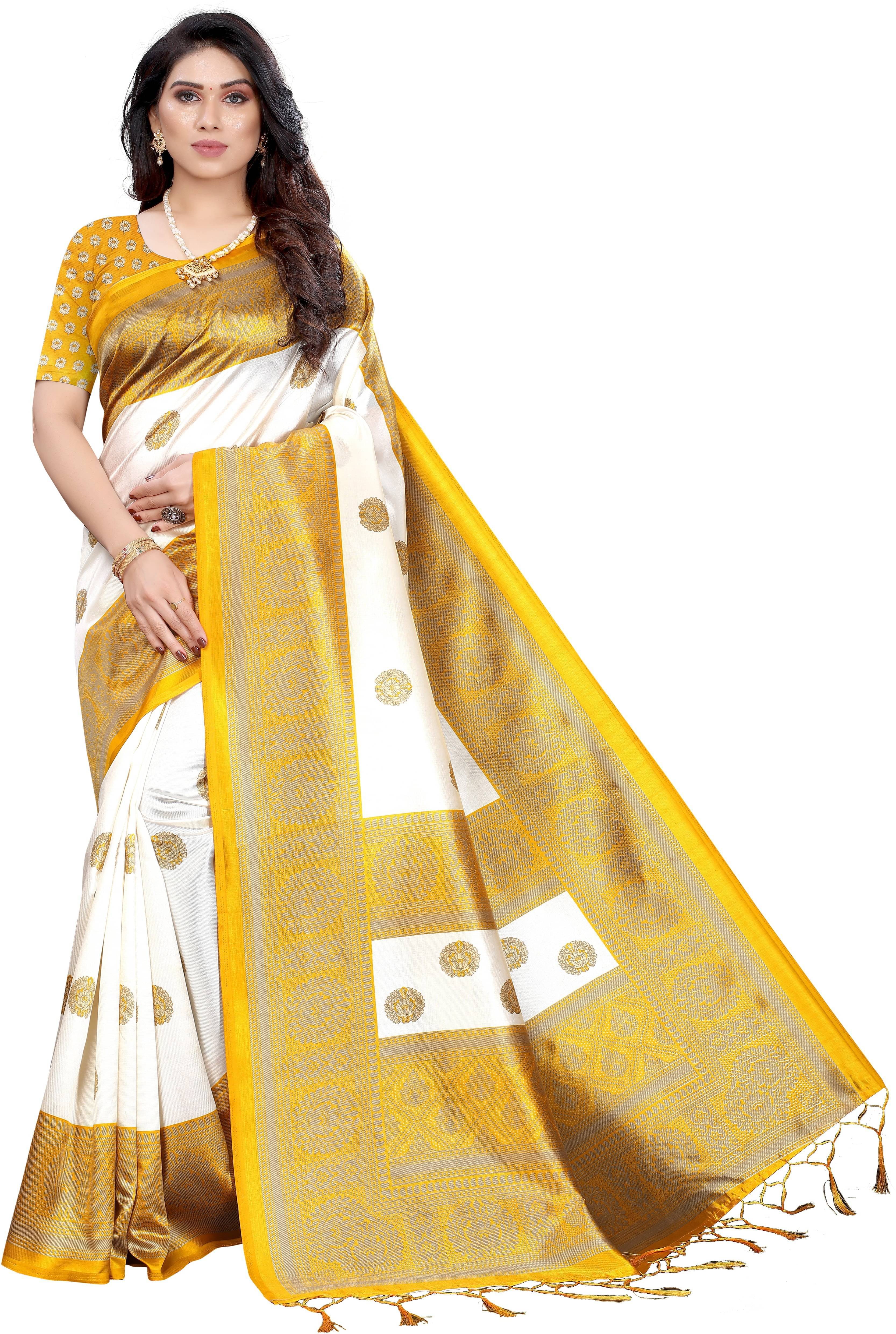 Saadhvi Art Silk Printed Regular Saree With Unstitched Blouse Piece ( White ) Saadhvi Art Silk Printed Regular Saree With Unstitched Blouse Piece ( White )