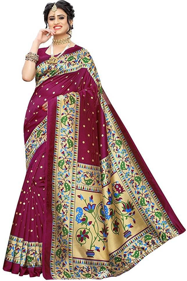 Saadhvi Art Silk Printed Regular Saree With Unstitched Blouse Piece ( Purple )     			Saadhvi Art Silk Printed Regular Saree With Unstitched Blouse Piece ( Purple )