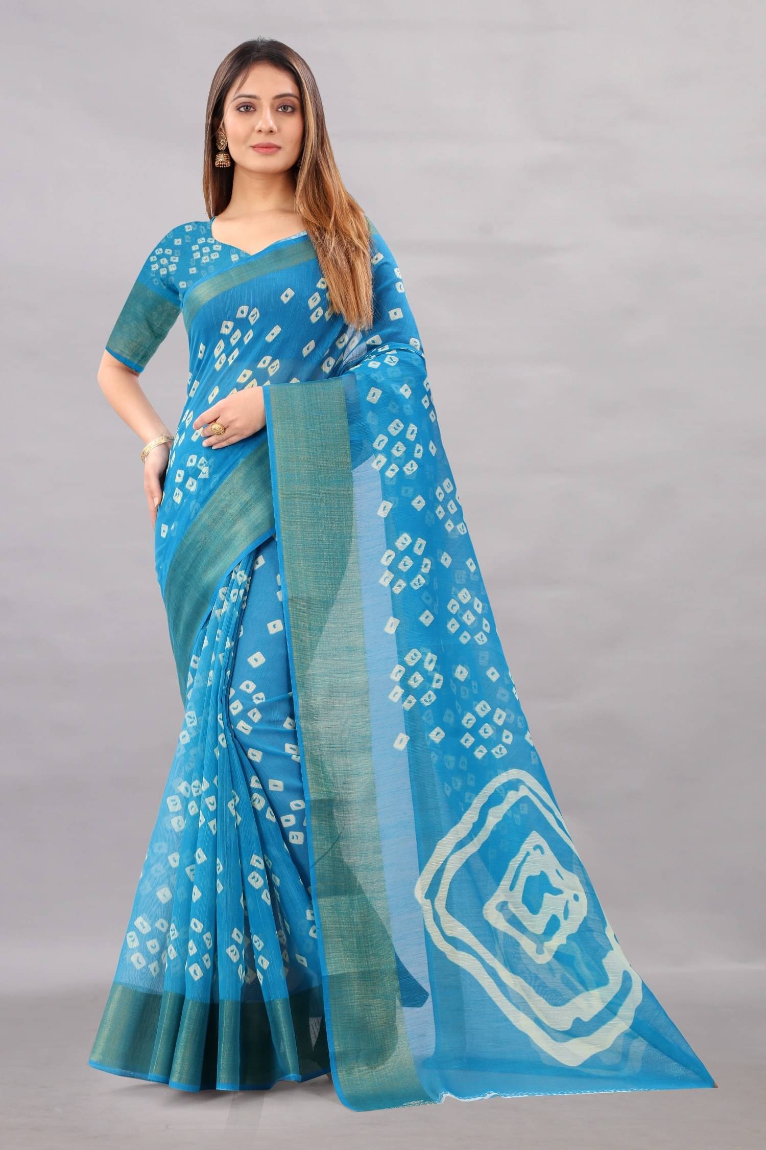     			Saadhvi Cotton Silk Printed Regular Saree With Unstitched Blouse Piece ( Light Blue )