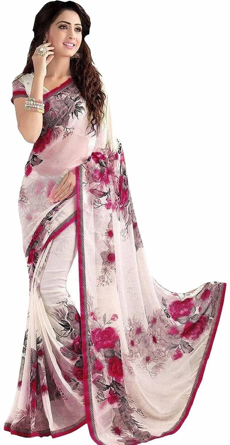Saadhvi Georgette Printed Regular Saree With Unstitched Blouse Piece ( White )     			Saadhvi Georgette Printed Regular Saree With Unstitched Blouse Piece ( White )