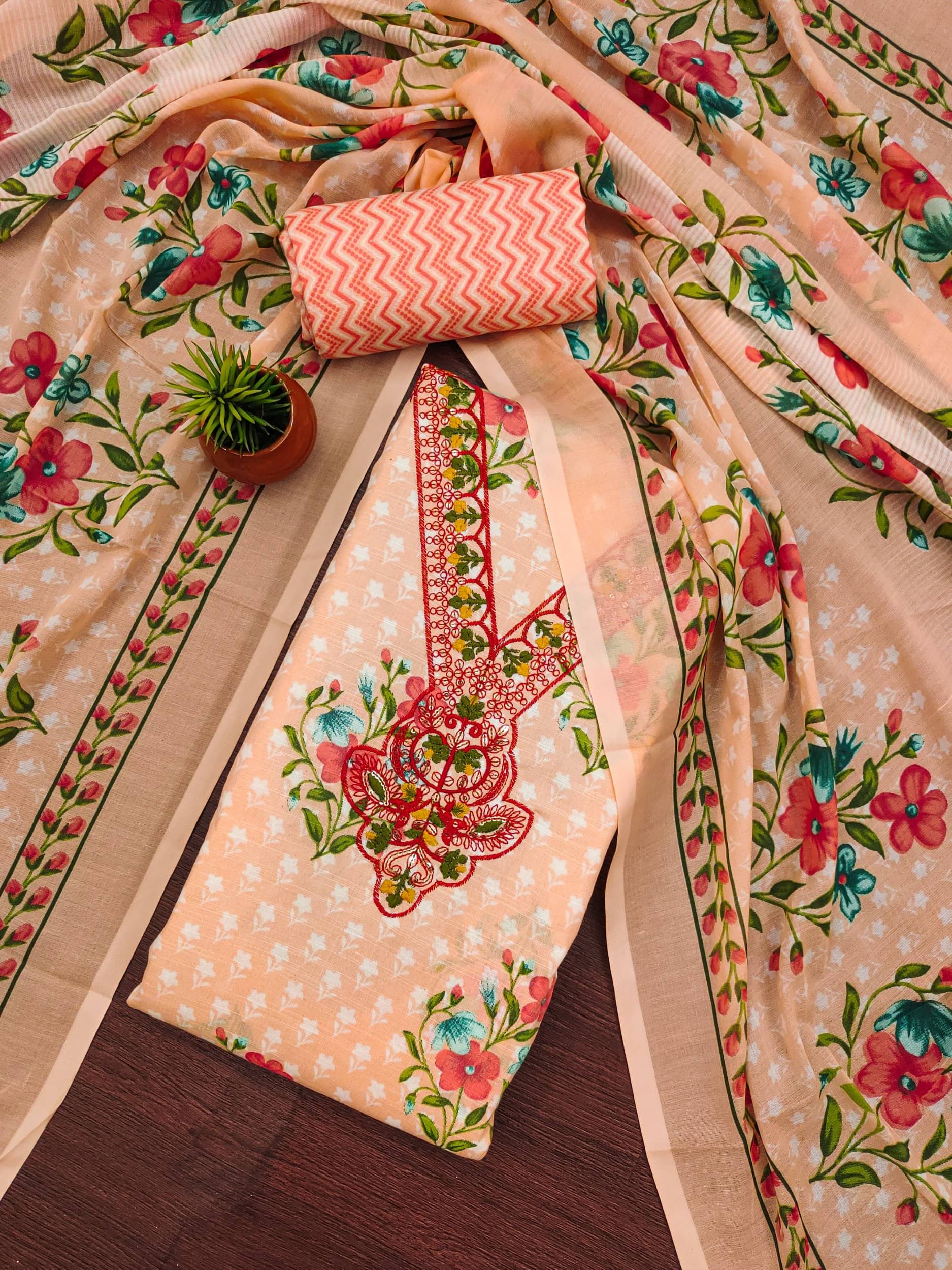Shree Mahantam Women Chanderi Unstitched Dress Material ( Orange )     			Shree Mahantam Women Chanderi Unstitched Dress Material ( Orange )