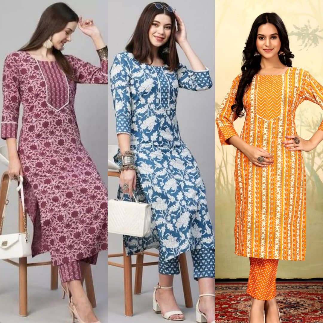 YAGNIK FASHION Women Cotton Blend Self Design Straight Kurti With Pants ( Multicolor )