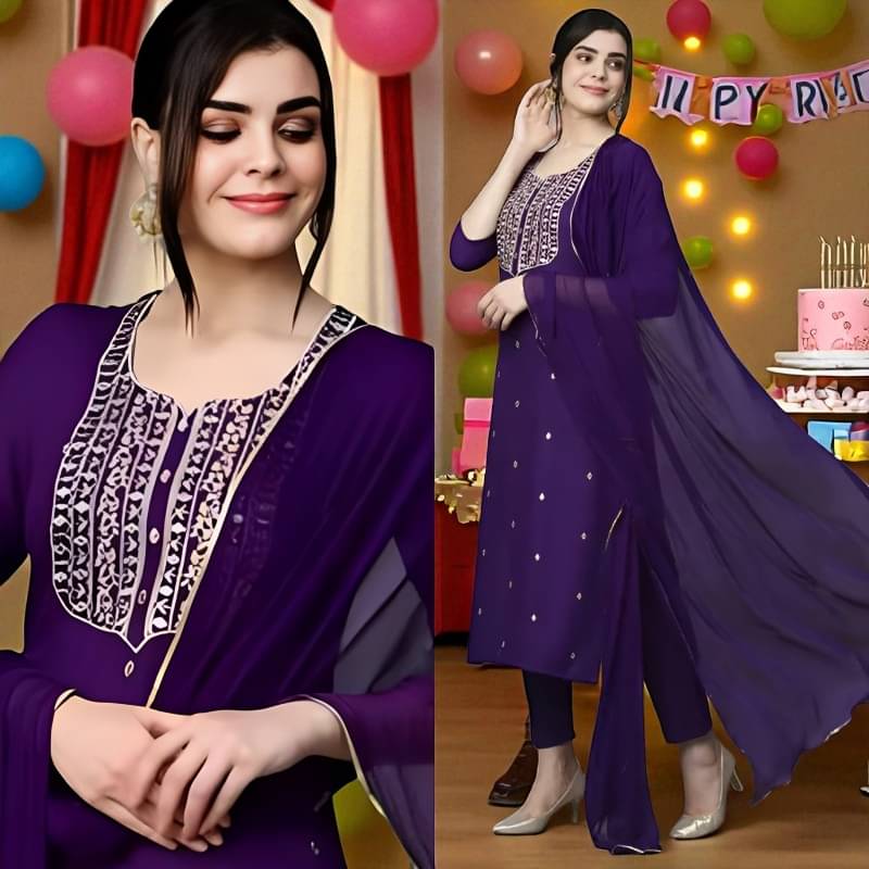     			Zorista Women Rayon Embroidered A-line Kurti with Dupatta ( Purple )
