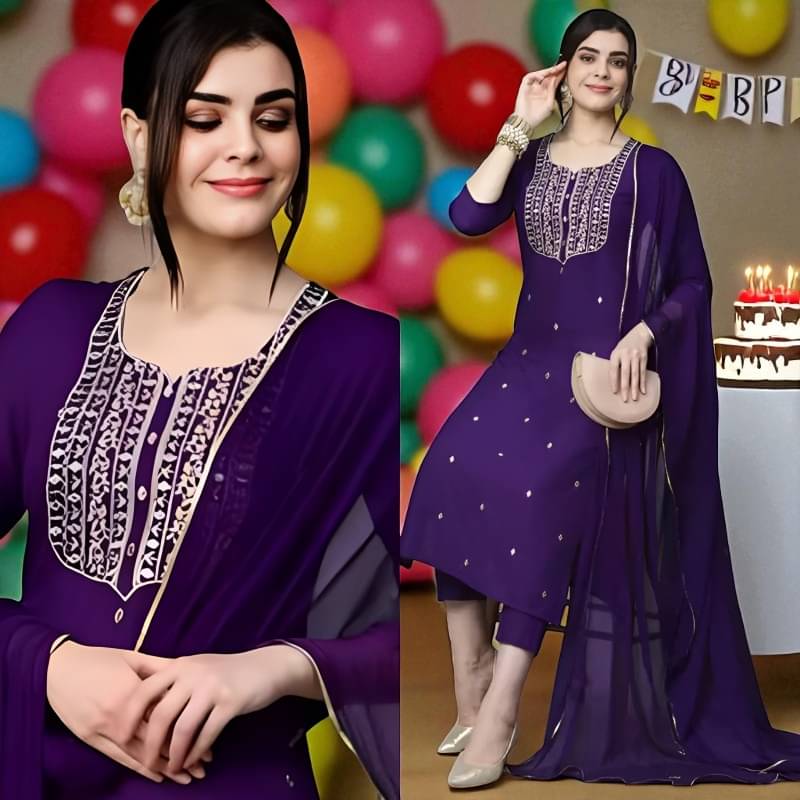     			Zorista Women Rayon Embroidered A-line Kurti with Dupatta ( Purple )