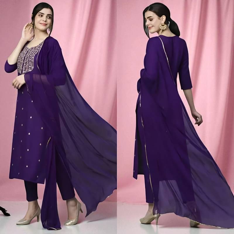     			Zorista Women Rayon Embroidered A-line Kurti With Pants ( Purple )