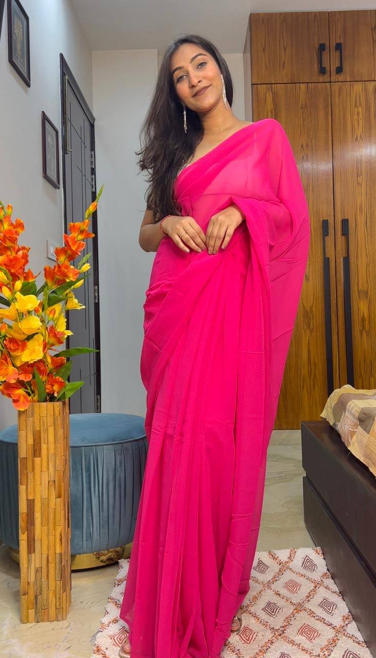 ANAND SAREES Georgette Solid Kasavu Saree With Unstitched Blouse Piece ( Pink ) ANAND SAREES Georgette Solid Kasavu Saree With Unstitched Blouse Piece ( Pink )