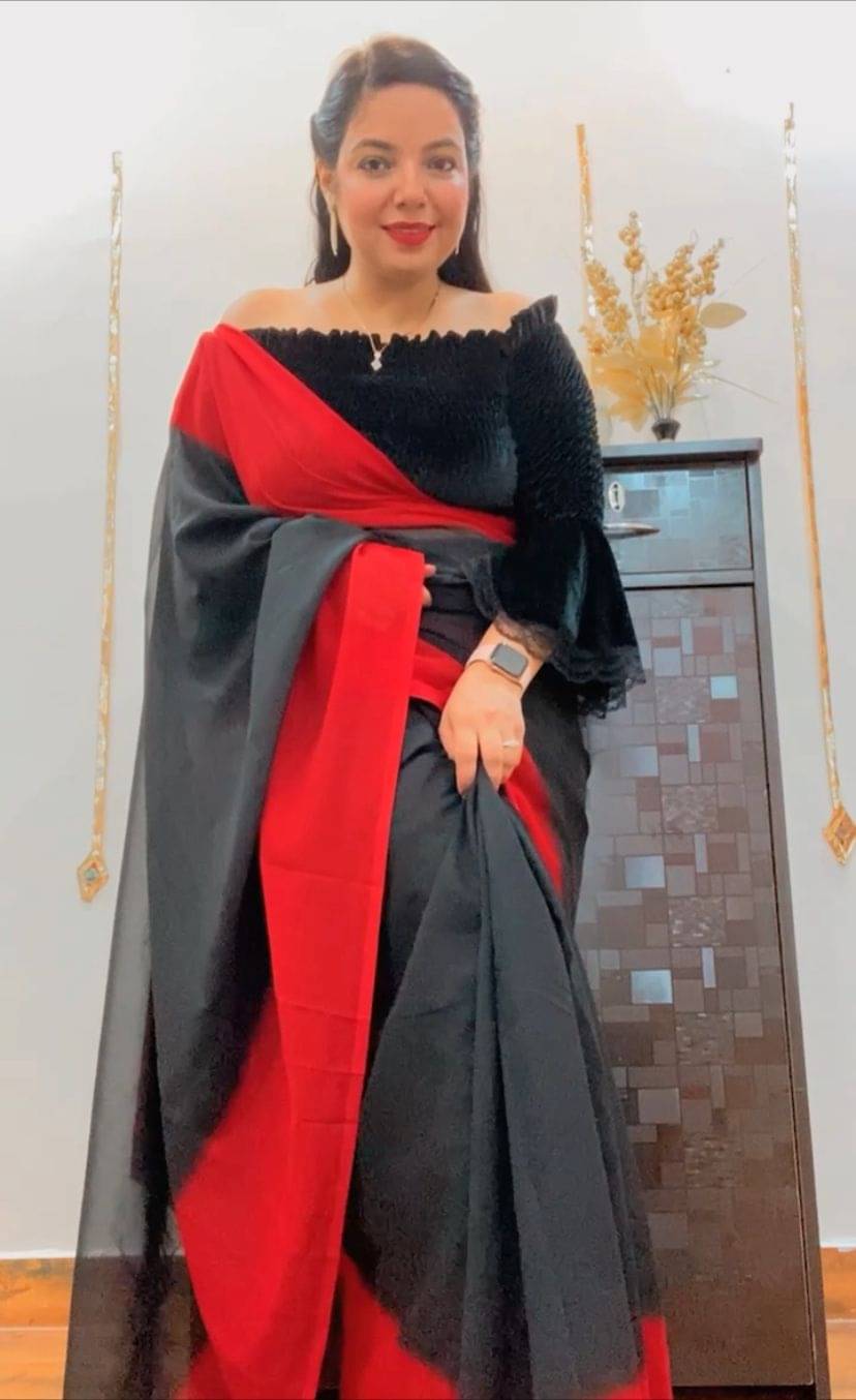 ANAND SAREES Georgette Dyed Kasavu Saree With Unstitched Blouse Piece ( Black ) ANAND SAREES Georgette Dyed Kasavu Saree With Unstitched Blouse Piece ( Black )