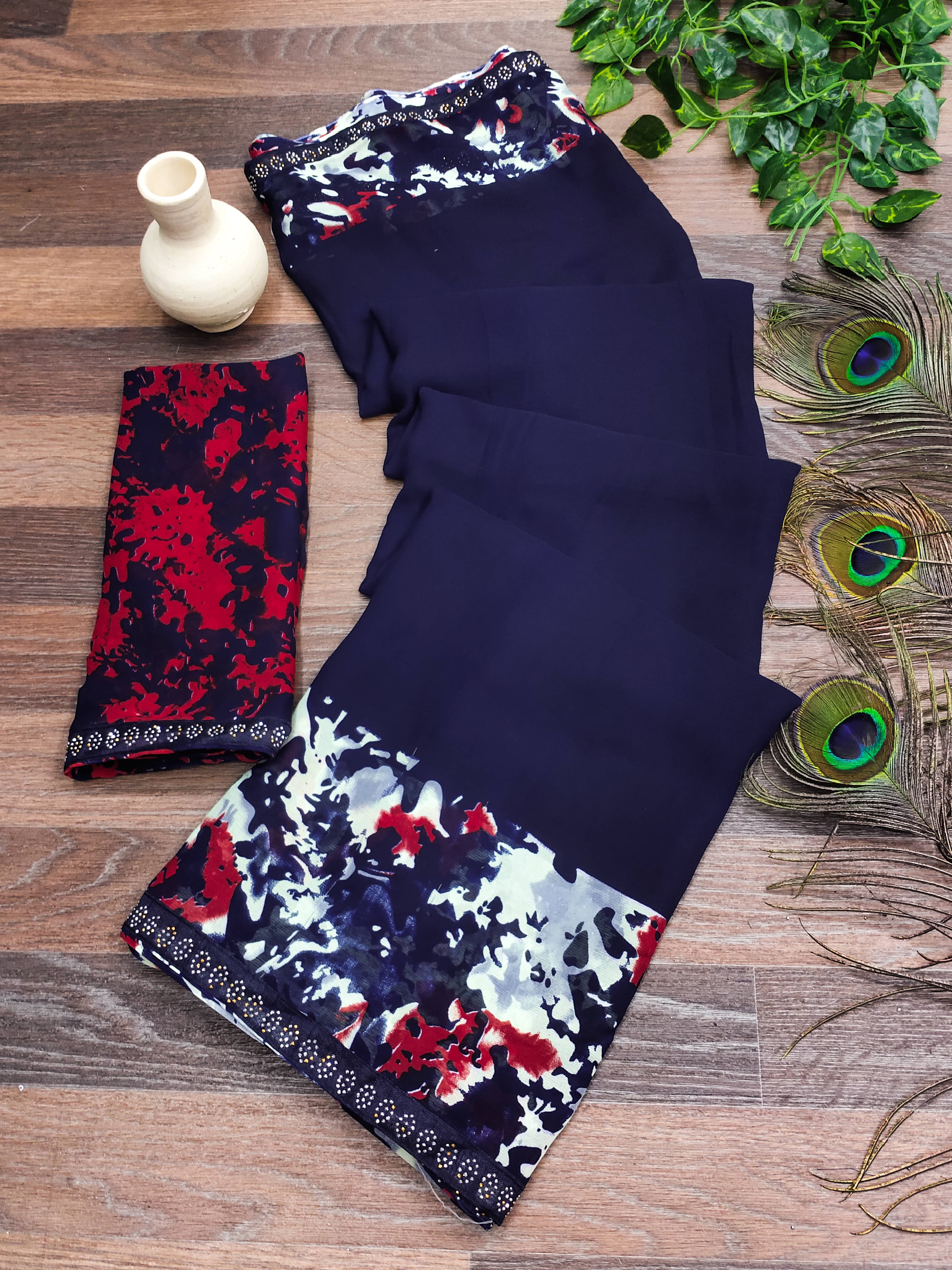     			ANAND SAREES Georgette Embellished Chanderi saree With Unstitched Blouse Piece ( Blue )