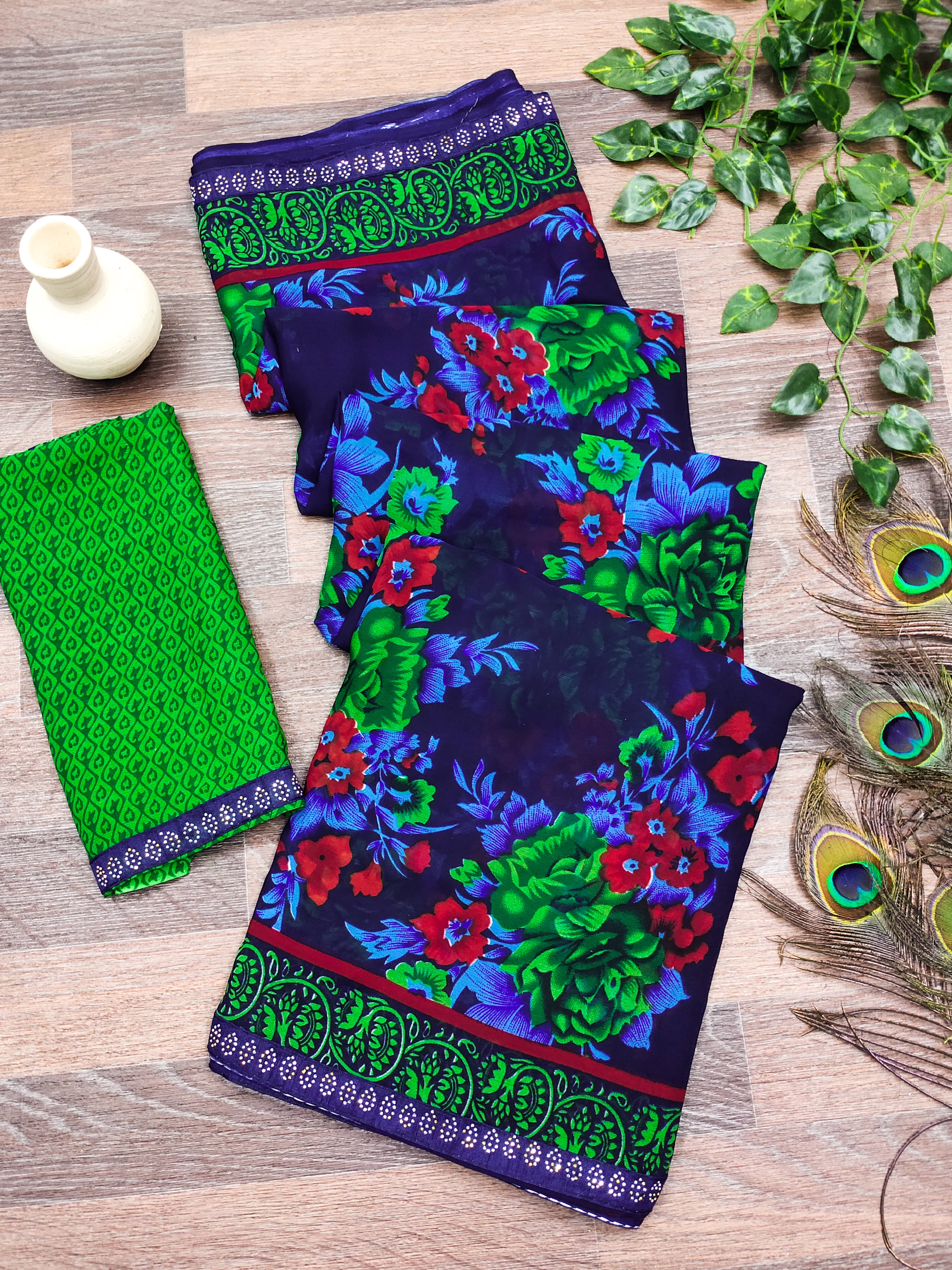     			ANAND SAREES Georgette Embellished Chanderi saree With Unstitched Blouse Piece ( Green )