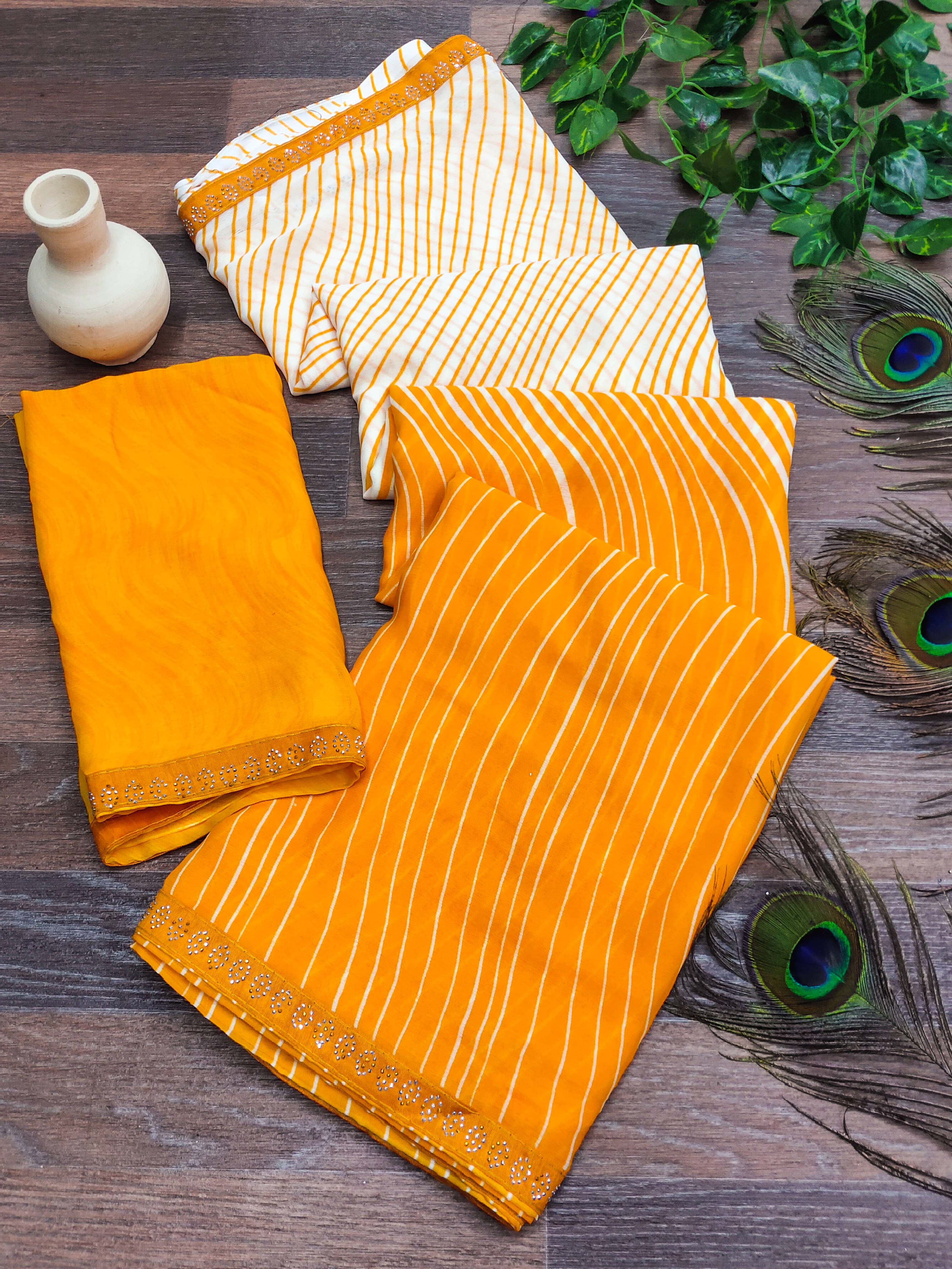     			ANAND SAREES Georgette Embellished Leheriya Saree With Unstitched Blouse Piece ( Yellow )