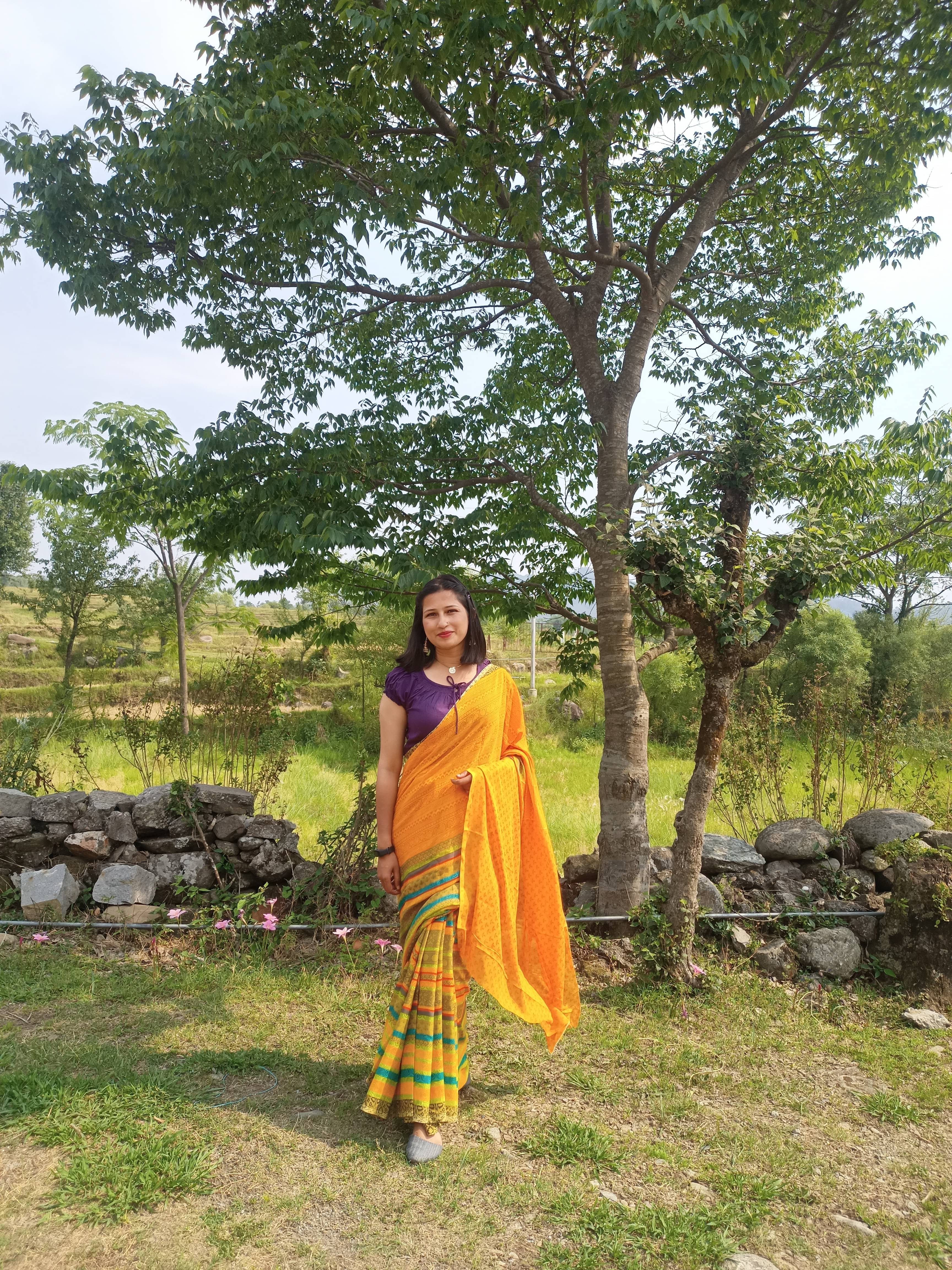     			ANAND SAREES Georgette Printed Kasavu Saree With Unstitched Blouse Piece ( Yellow )