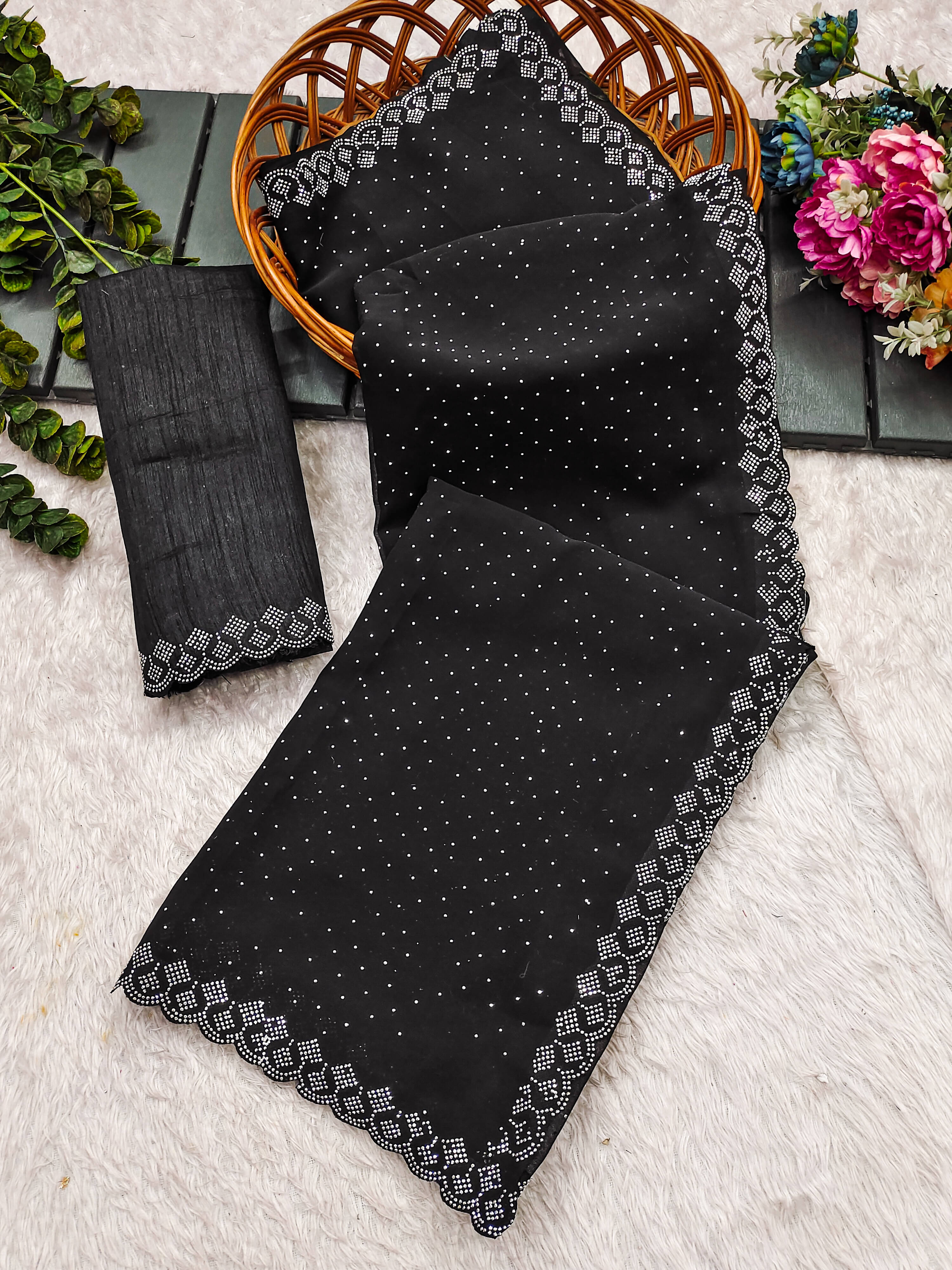 ANAND SAREES Georgette Self Design Kasavu Saree With Unstitched Blouse Piece ( Black ) ANAND SAREES Georgette Self Design Kasavu Saree With Unstitched Blouse Piece ( Black )